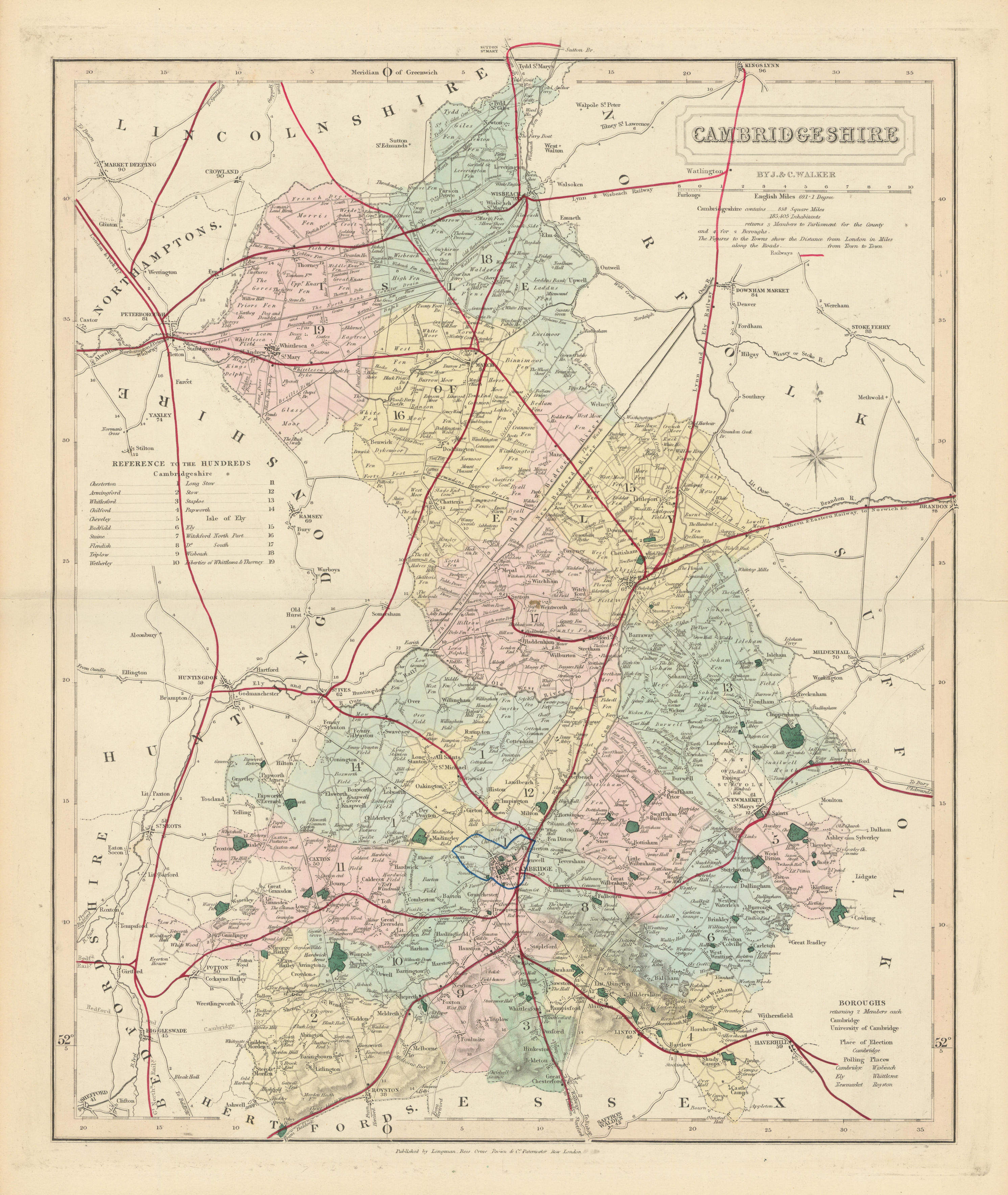 Associate Product Cambridgeshire antique county map by J & C Walker. Railways & boroughs 1870