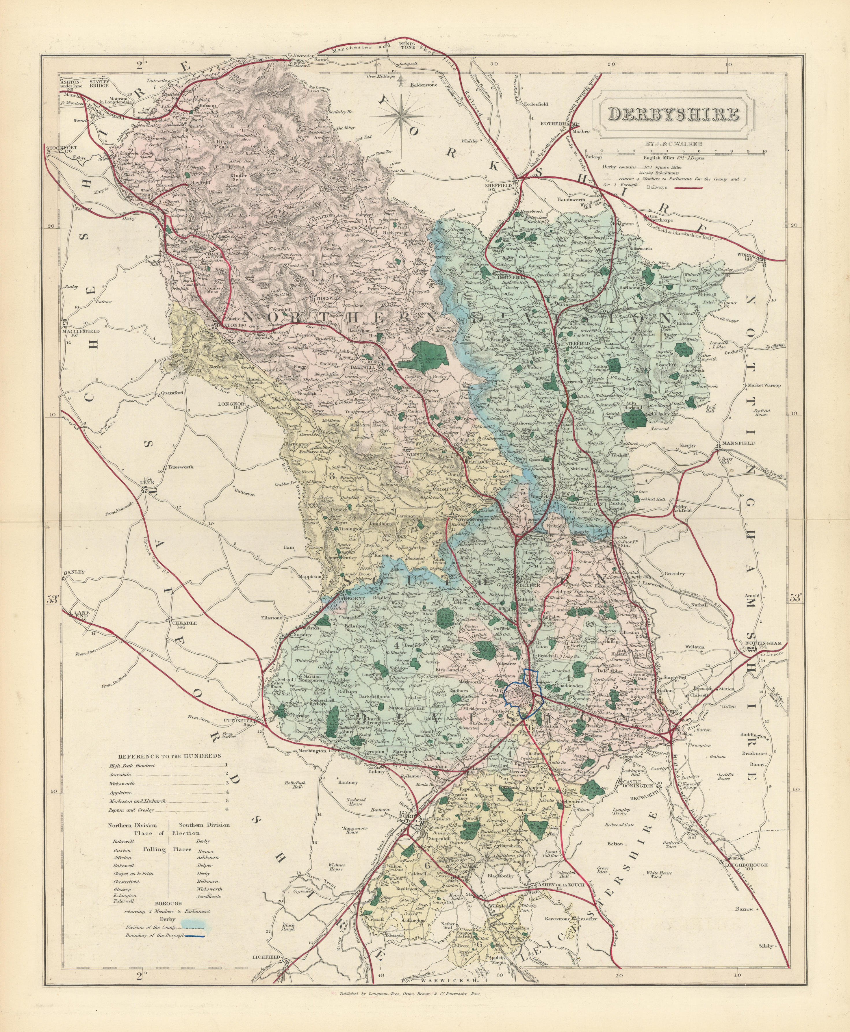 Associate Product Derbyshire antique county map by J & C Walker. Railways & boroughs 1870