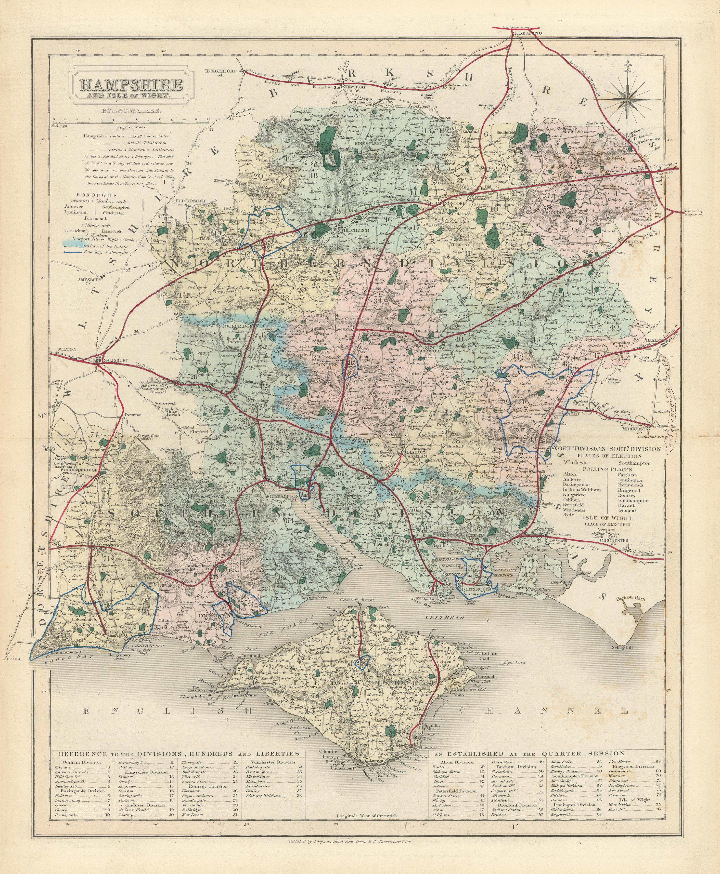 Associate Product Hampshire antique county map by J & C Walker. Railways & boroughs 1870 old