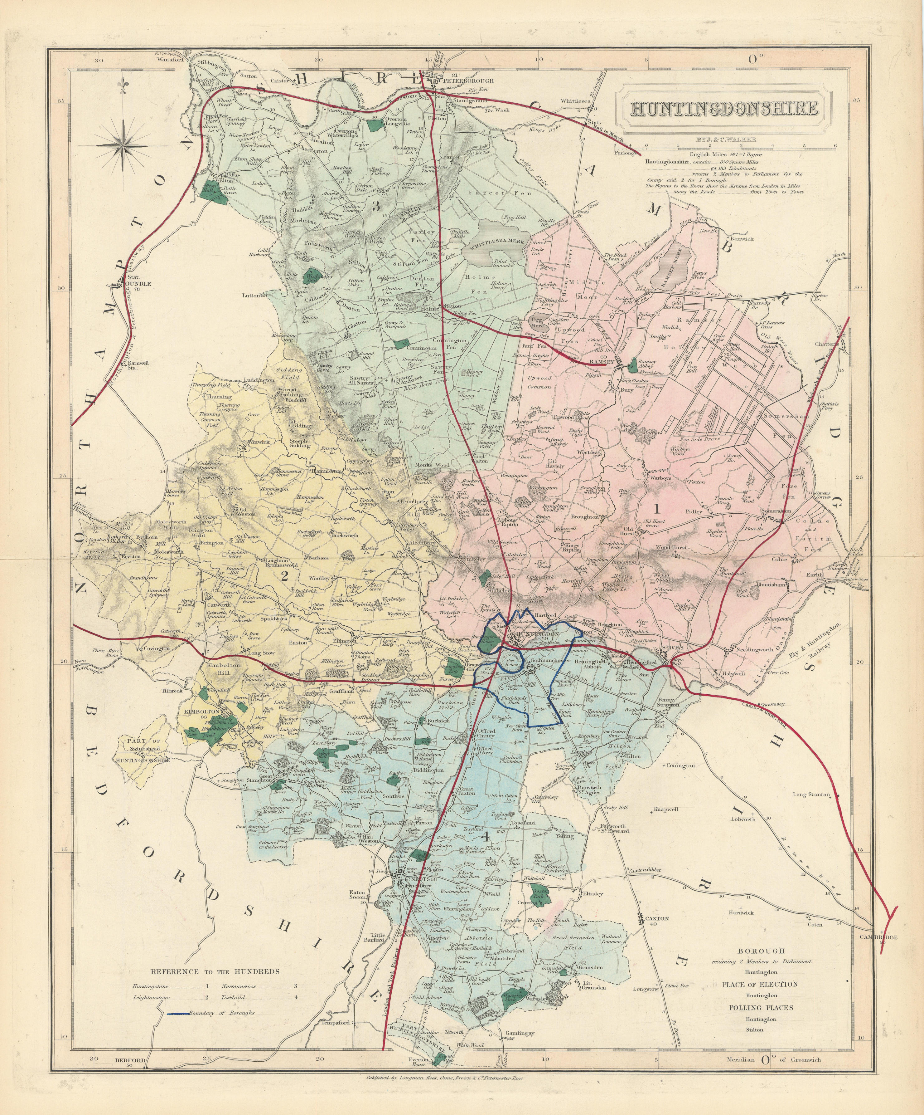 Associate Product Huntingdonshire antique county map by J & C Walker. Railways & boroughs 1870
