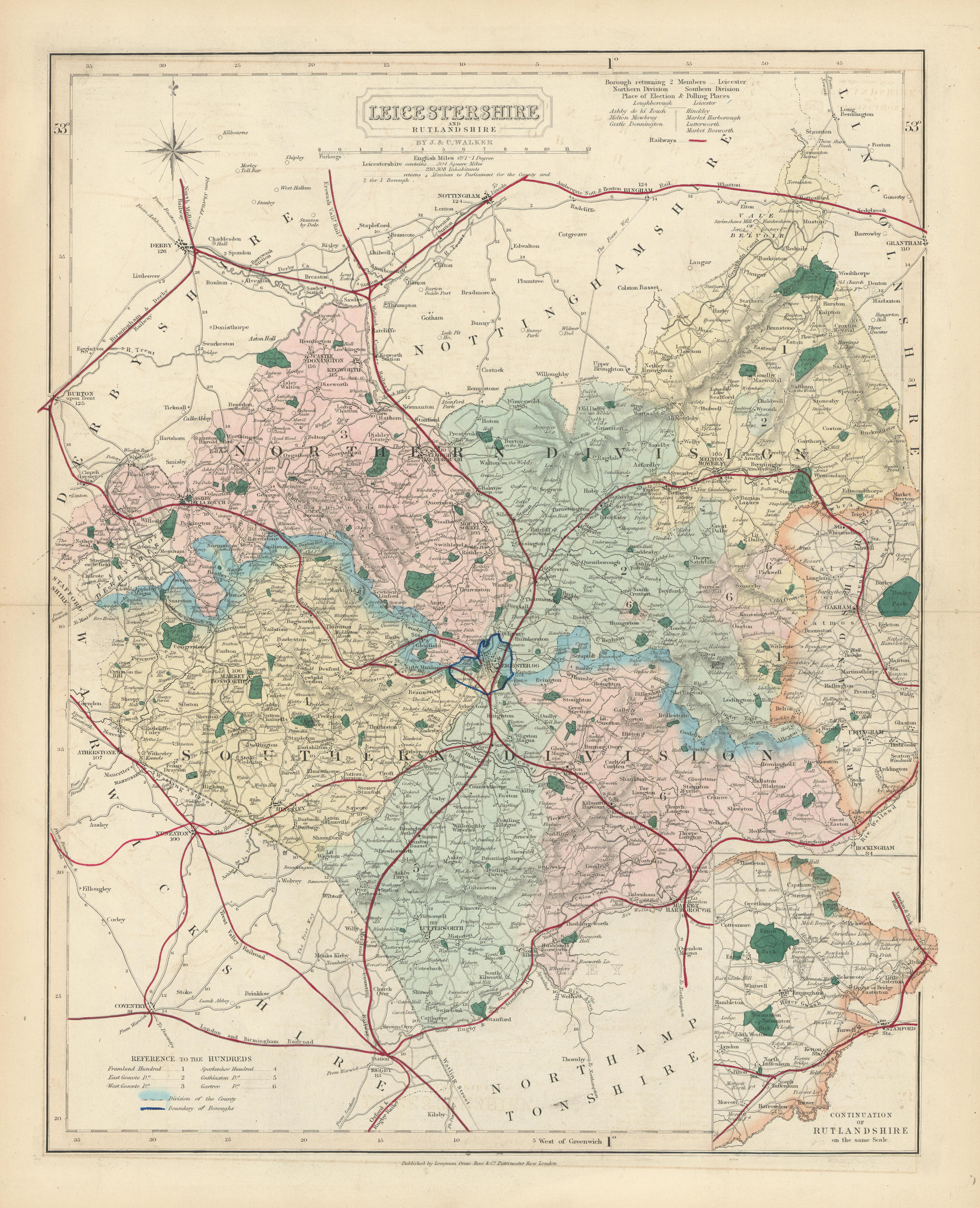 Associate Product Leicestershire antique county map by J & C Walker. Railways & boroughs 1870