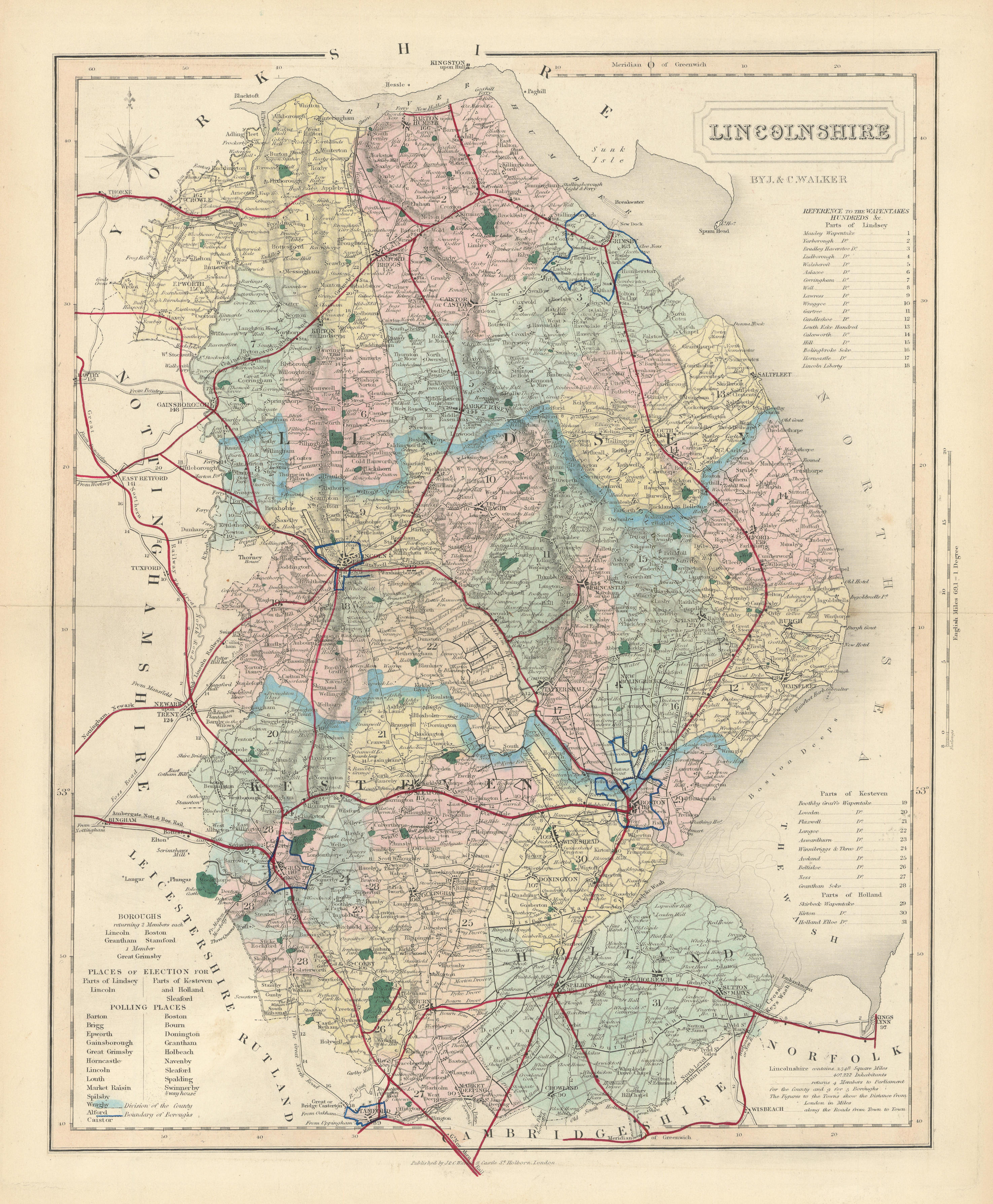Associate Product Lincolnshire antique county map by J & C Walker. Railways & boroughs 1870