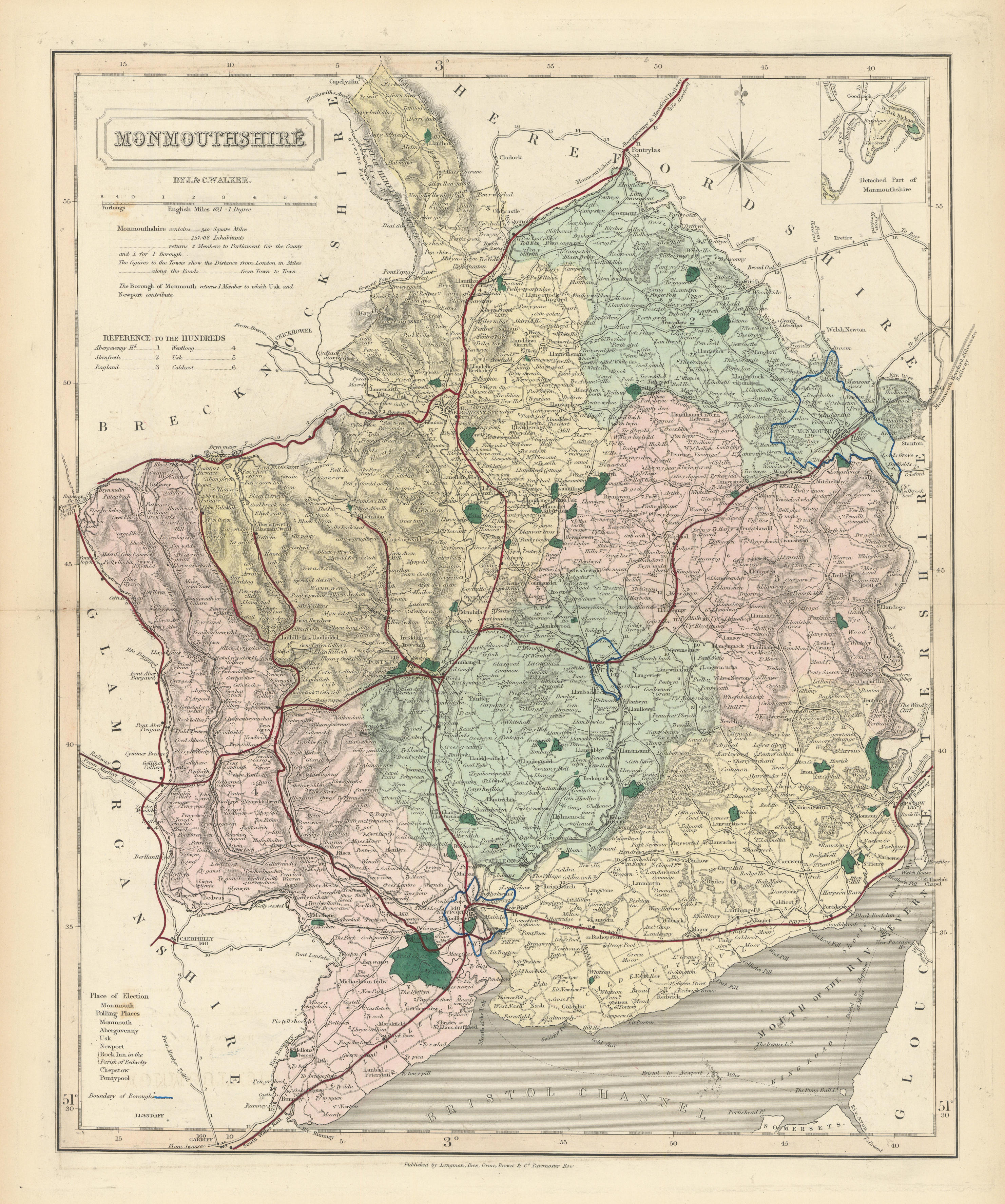 Associate Product Monmouthshire antique county map by J & C Walker. Railways & boroughs 1870