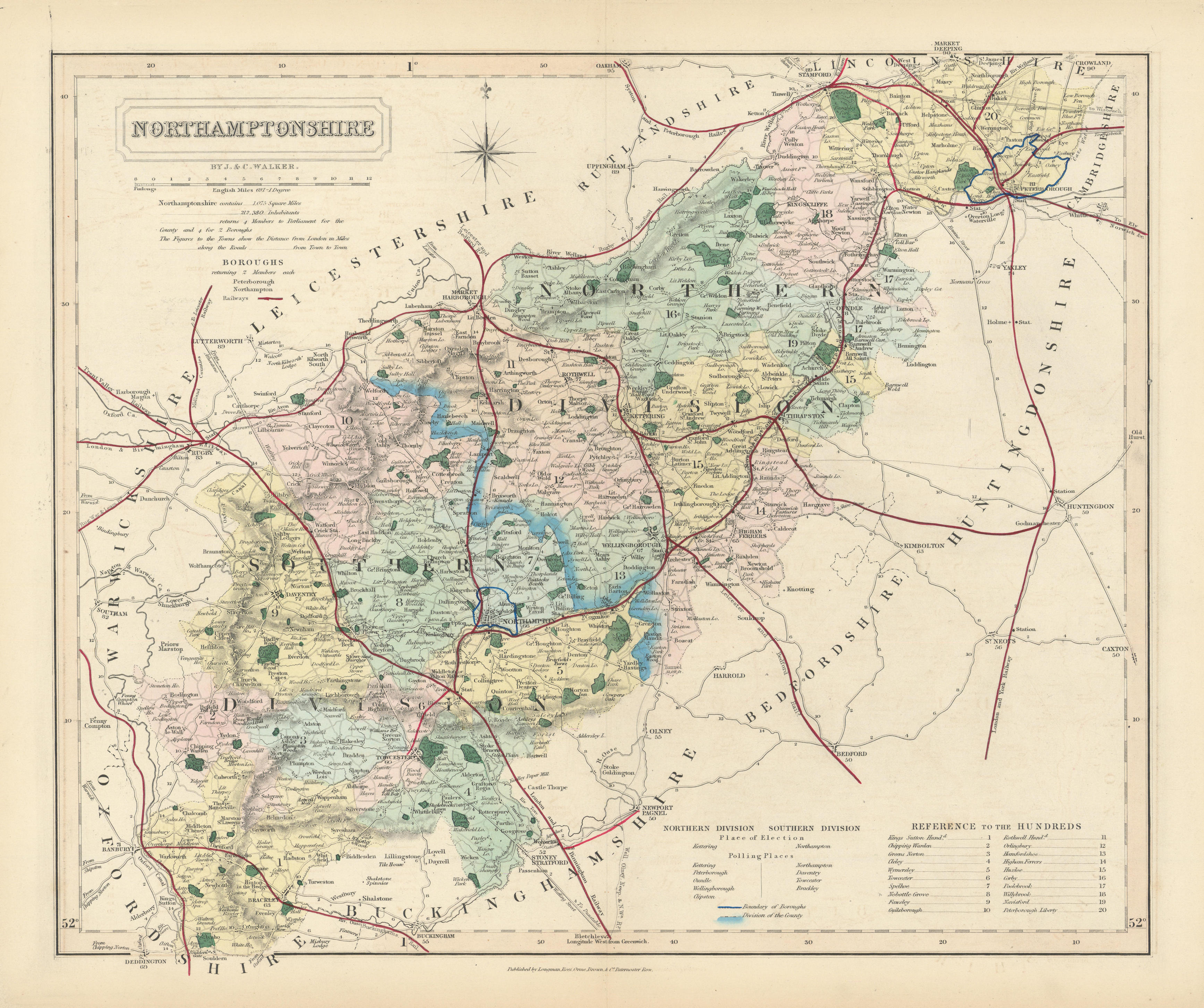 Associate Product Northamptonshire antique county map by J&C Walker. Railways & boroughs 1870