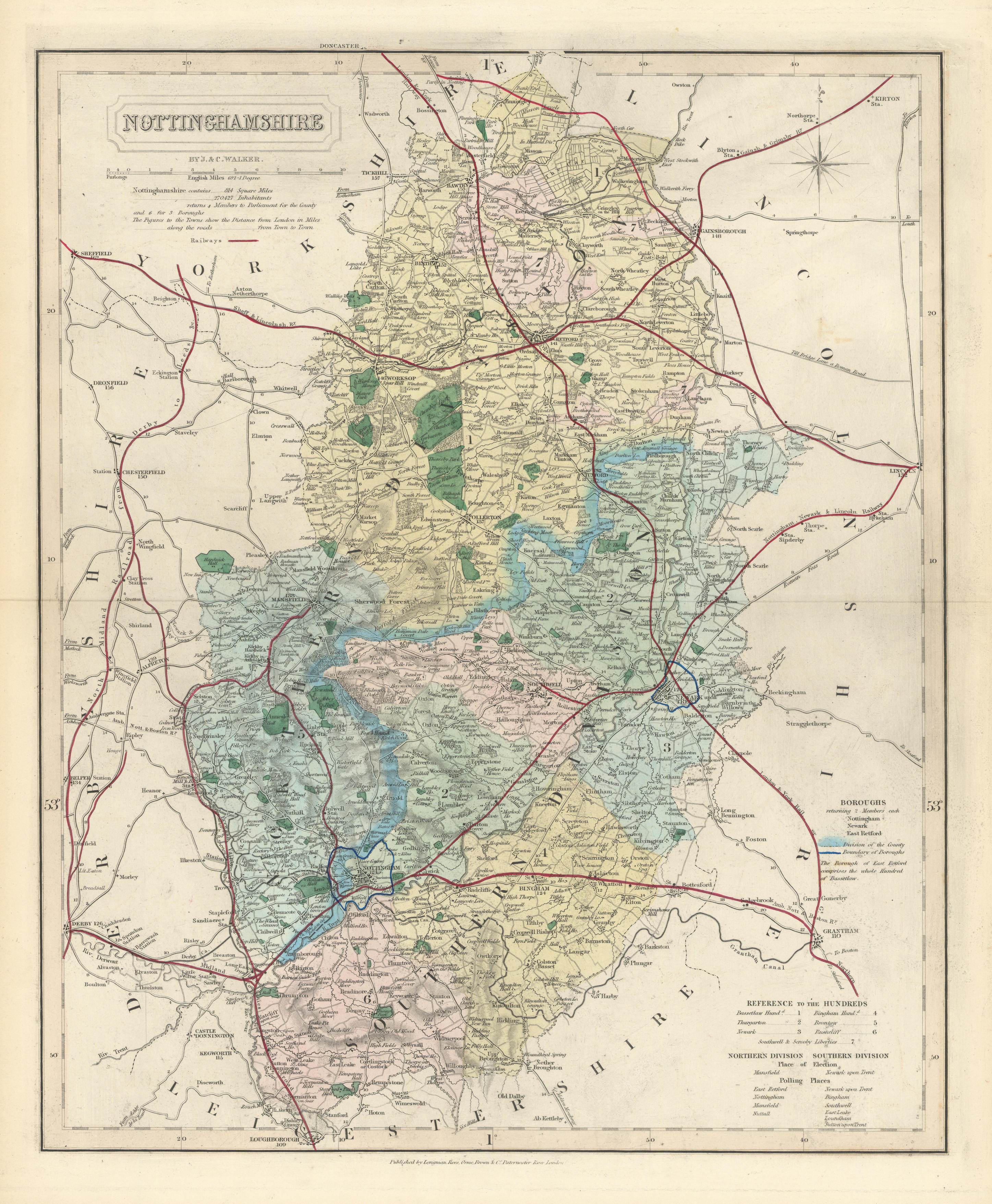 Associate Product Nottinghamshire antique county map by J & C Walker. Railways & boroughs 1870