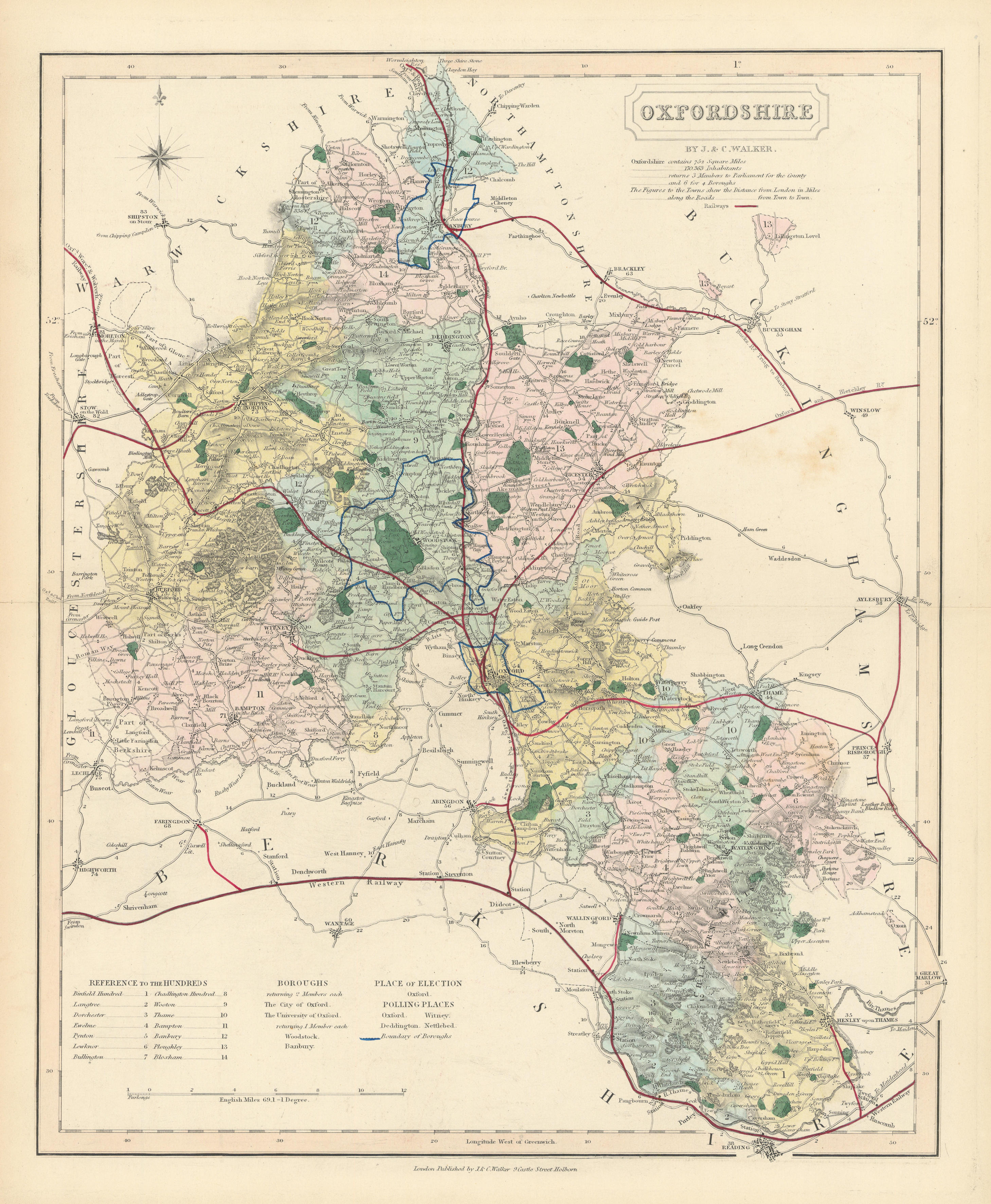 Associate Product Oxfordshire antique county map by J & C Walker. Railways & boroughs 1870