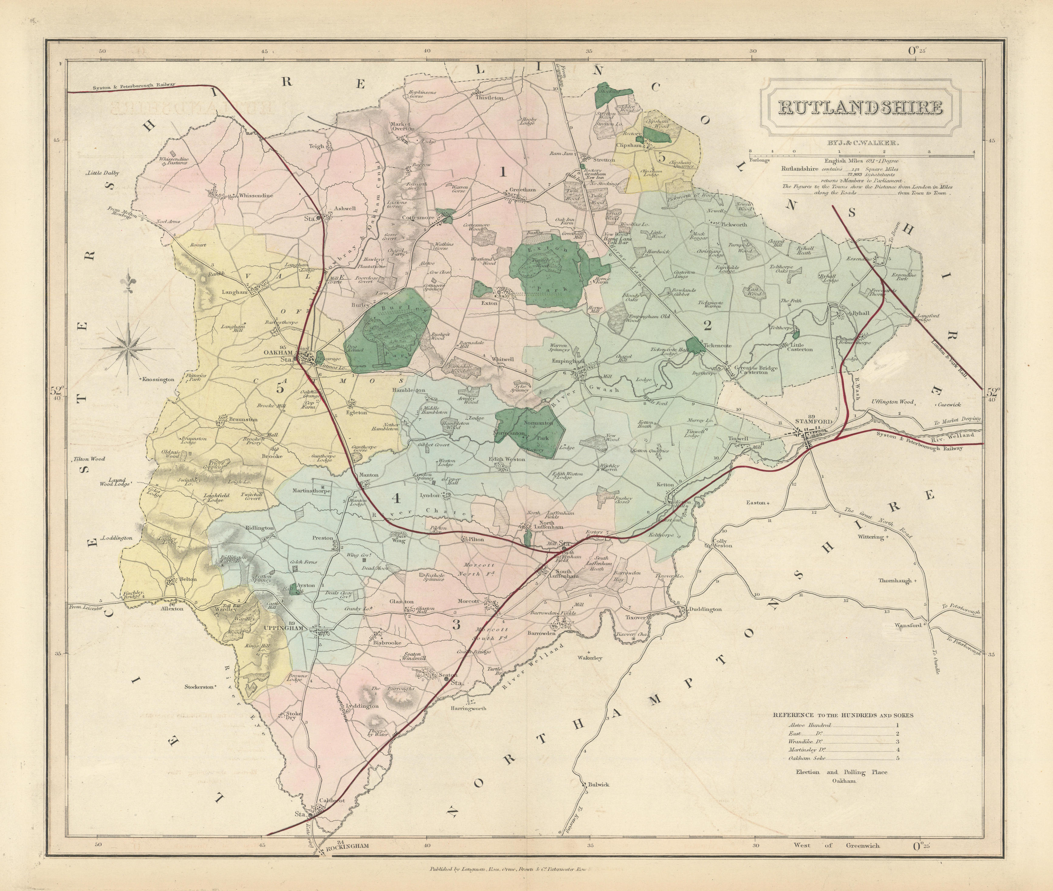 Associate Product Rutlandshire antique county map by J & C Walker. Railways & boroughs 1870