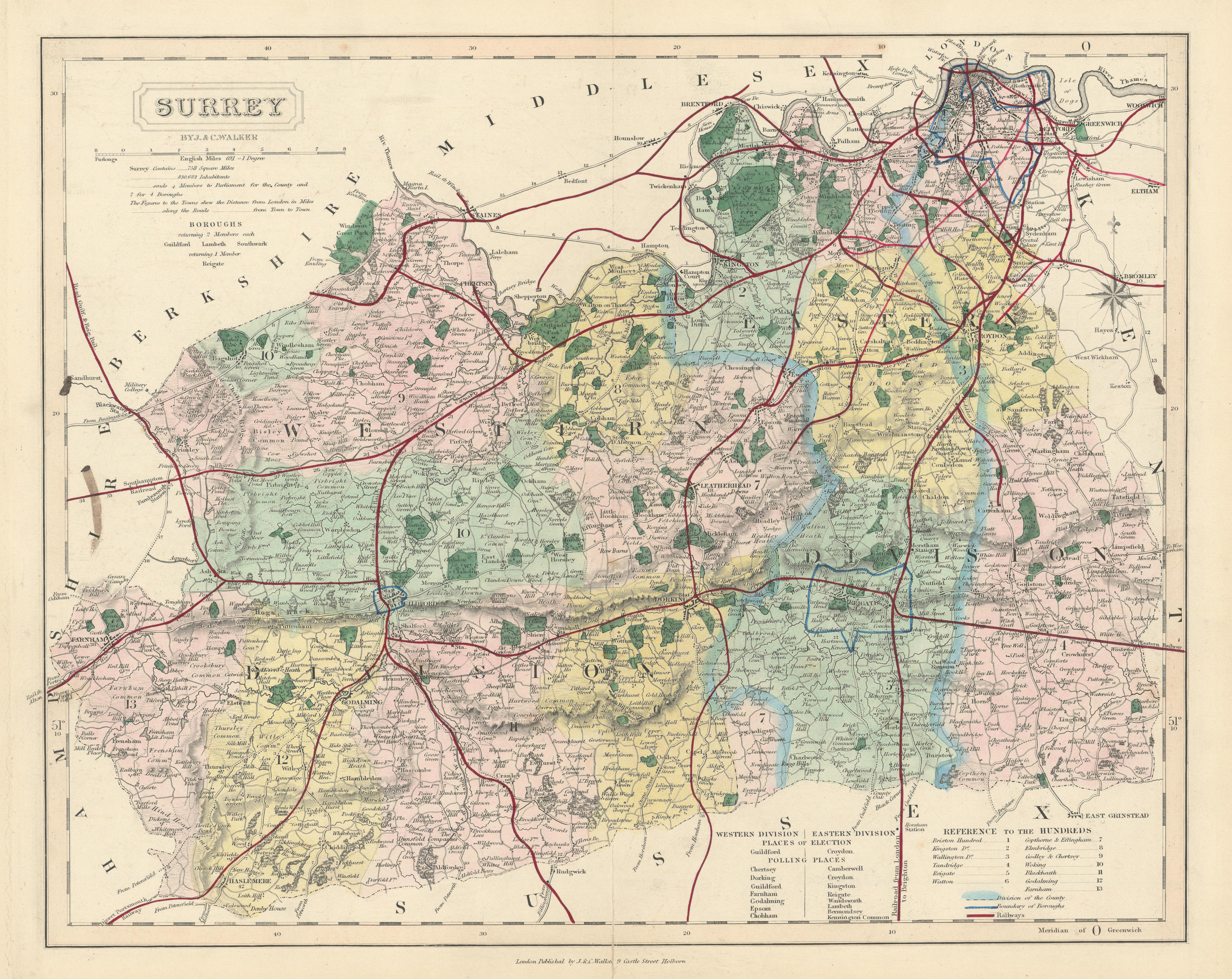 Associate Product Surrey antique county map by J & C Walker. Railways & boroughs 1870 old