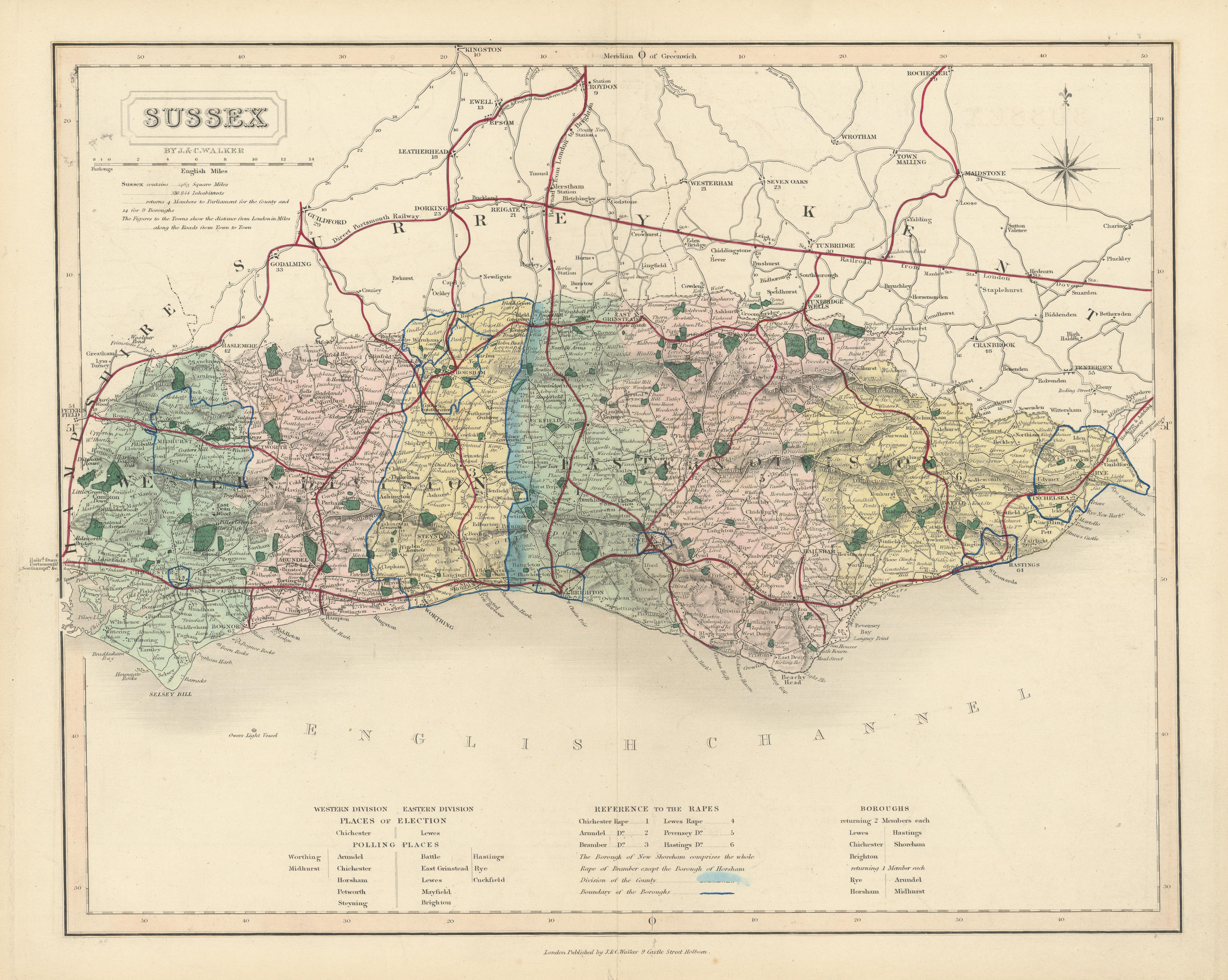 Associate Product Sussex antique county map by J & C Walker. Railways & boroughs 1870 old