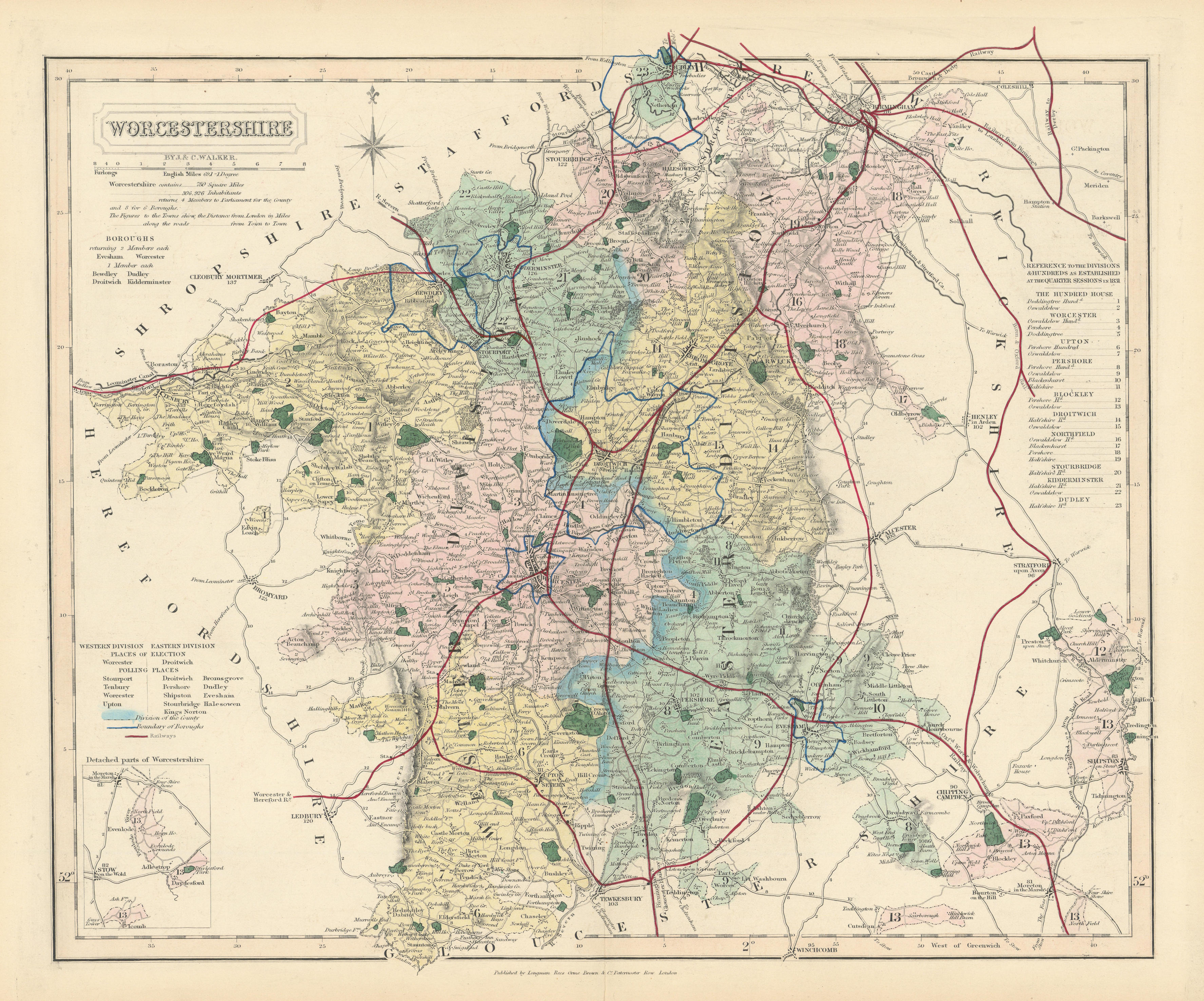 Associate Product Worcestershire antique county map by J & C Walker. Railways & boroughs 1870