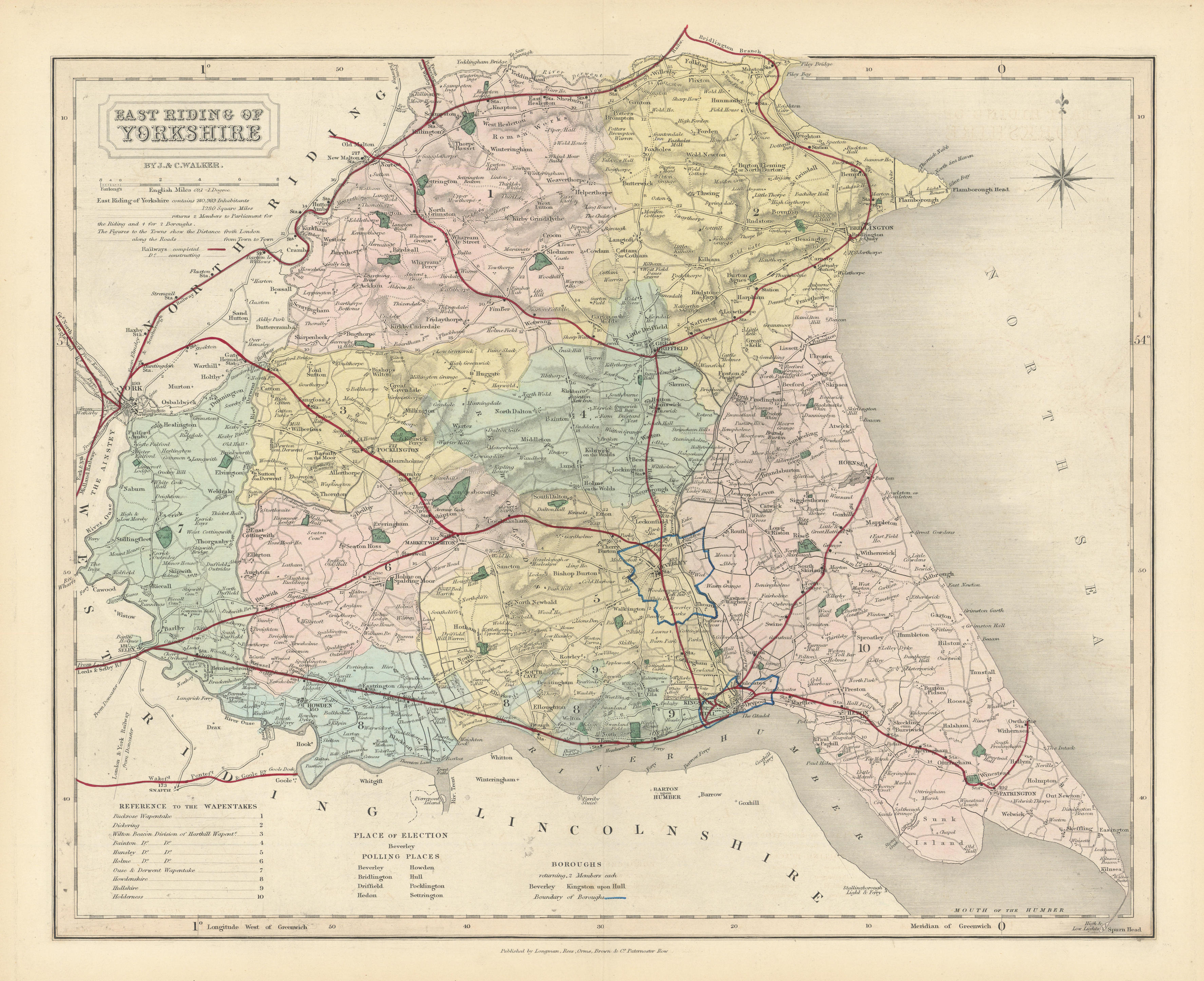 Associate Product East Riding of Yorkshire antique county map by J & C Walker. Railways 1870