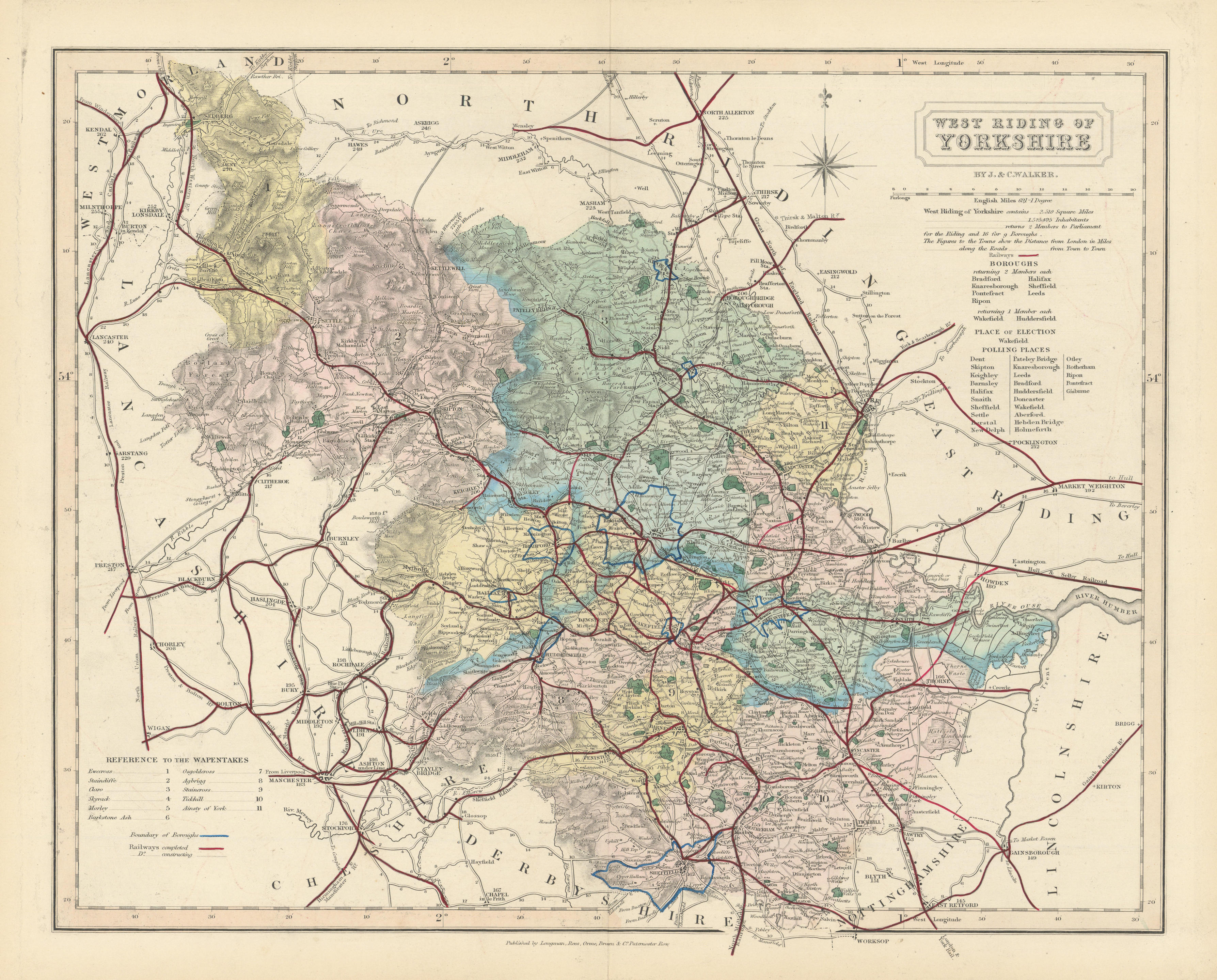 Associate Product West Riding of Yorkshire antique county map by J & C Walker. Railways 1870