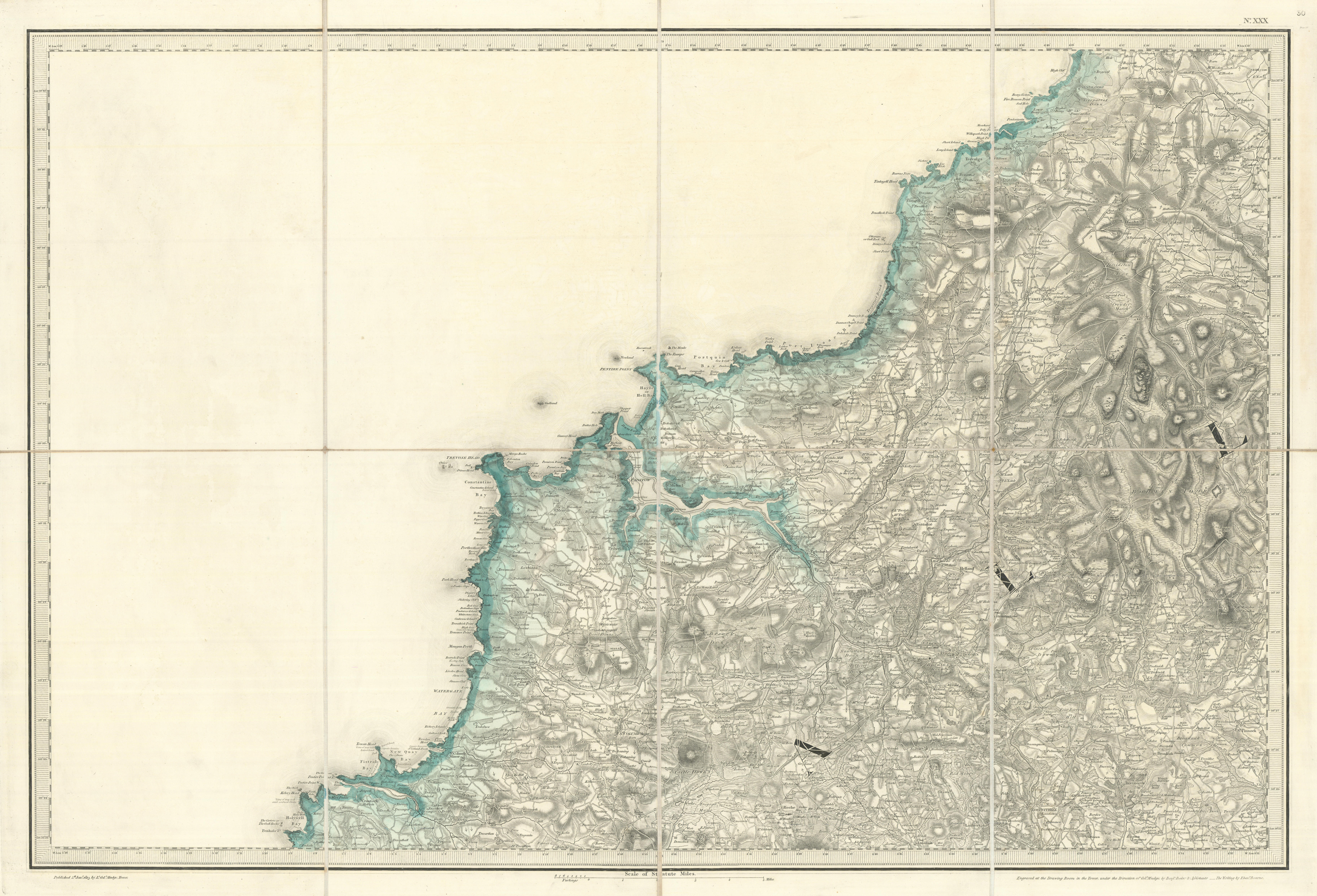 OS #30 North Cornwall Coast. Camel Estuary Padstow Rock Bodmin Moor 1813 map