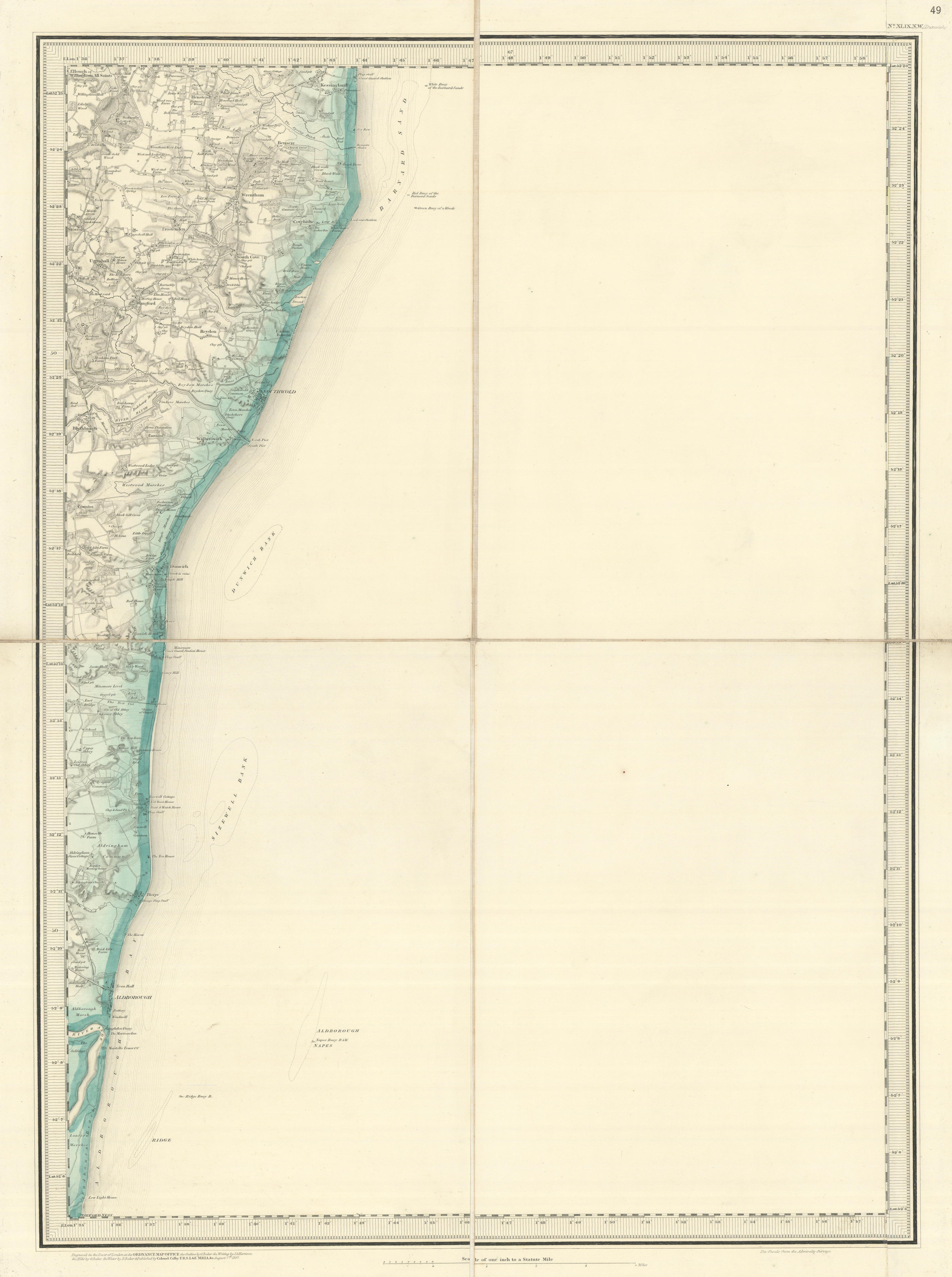 OS #49 Suffolk Coast. Southwold Kessingland Dunwich Aldeburgh Sizewell 1837 map