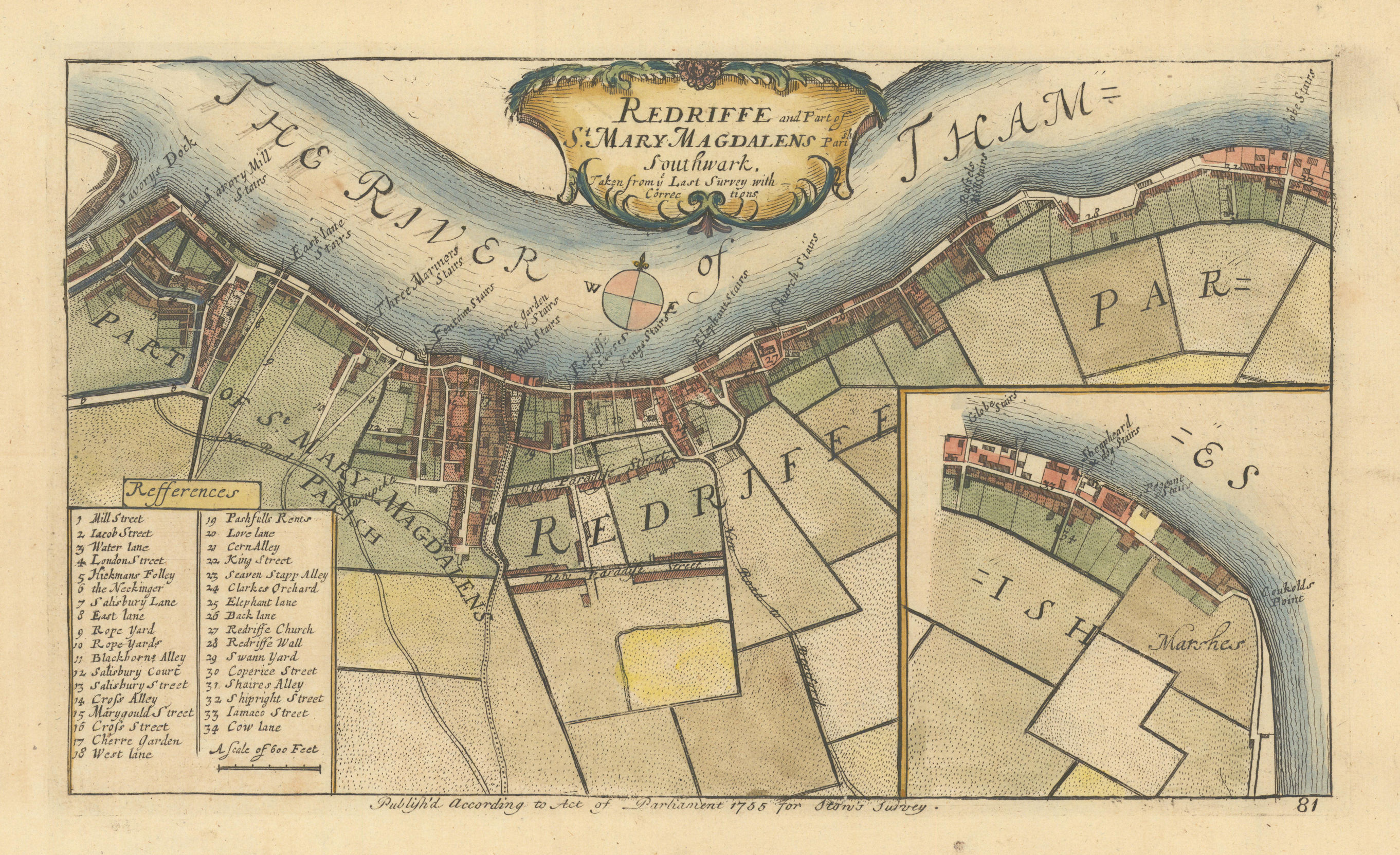 Redriffe &… St Mary Magdalen Parish. Rotherhithe Bermondsey STOW/STRYPE 1755 map