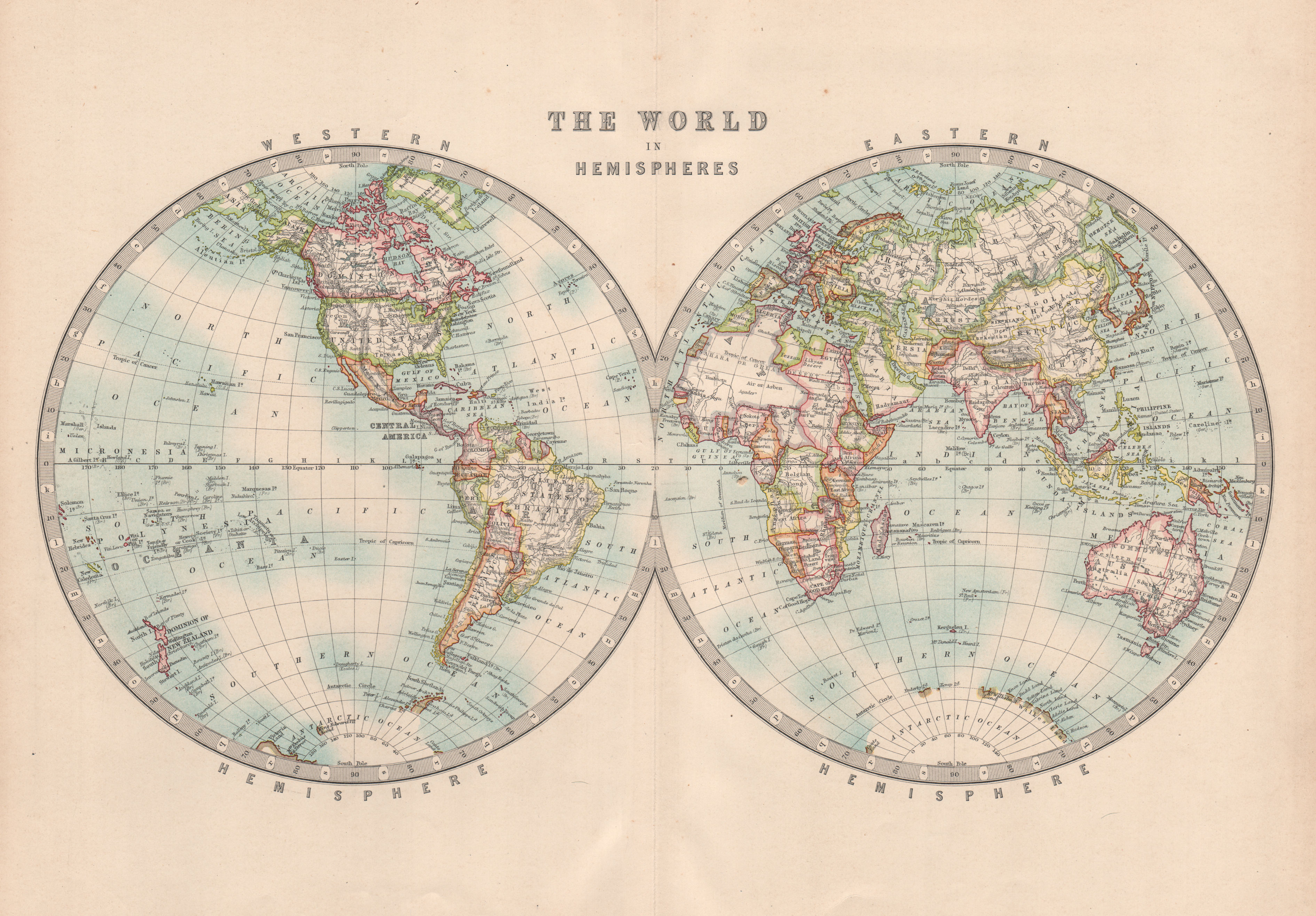 Associate Product WORLD IN TWIN HEMISPHERES. Western & Eastern Hemispheres. JOHNSTON 1912 map