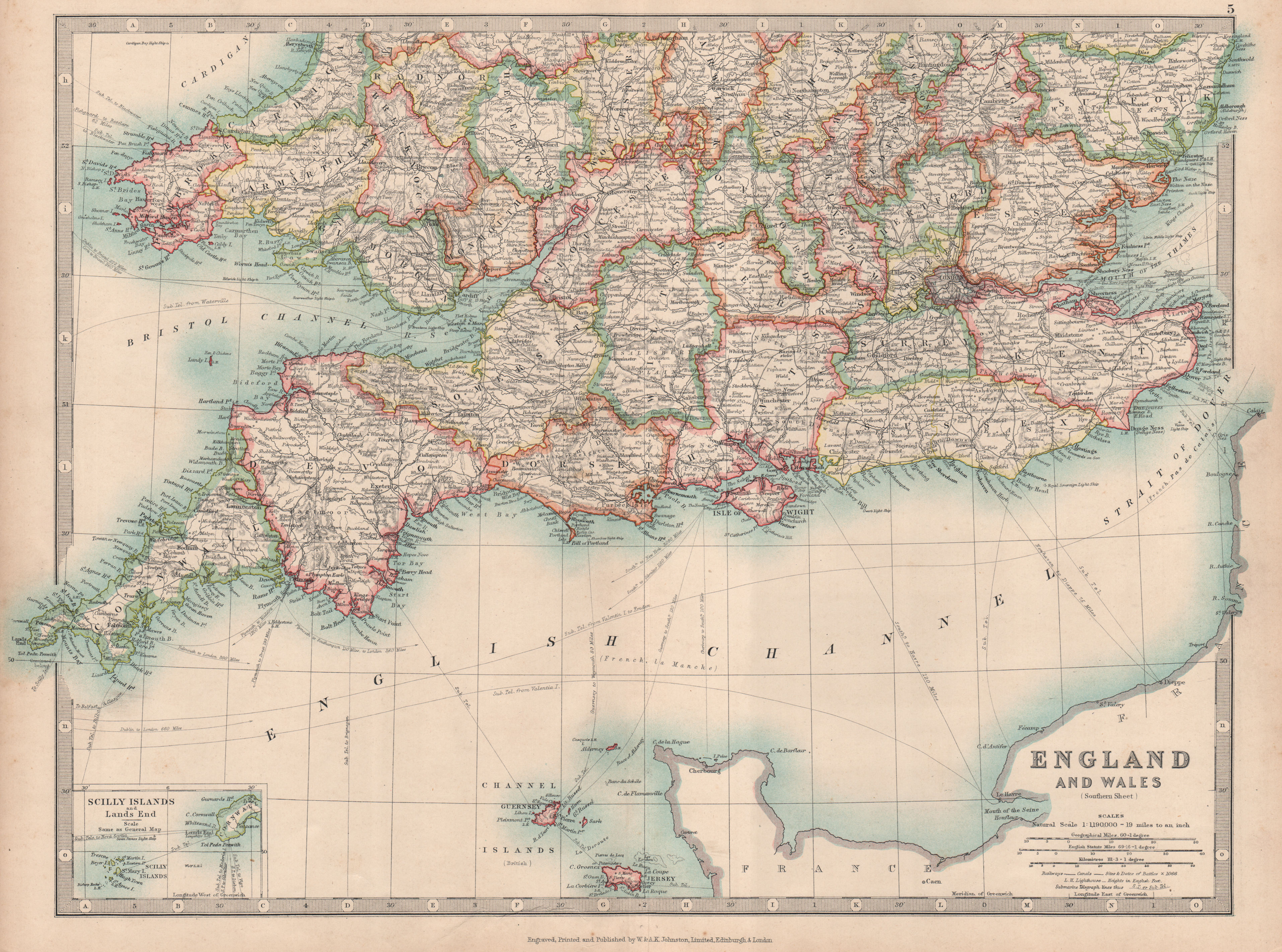 Associate Product SOUTHERN ENGLAND & WALES. Shows Worcestershire enclaves. JOHNSTON 1912 old map