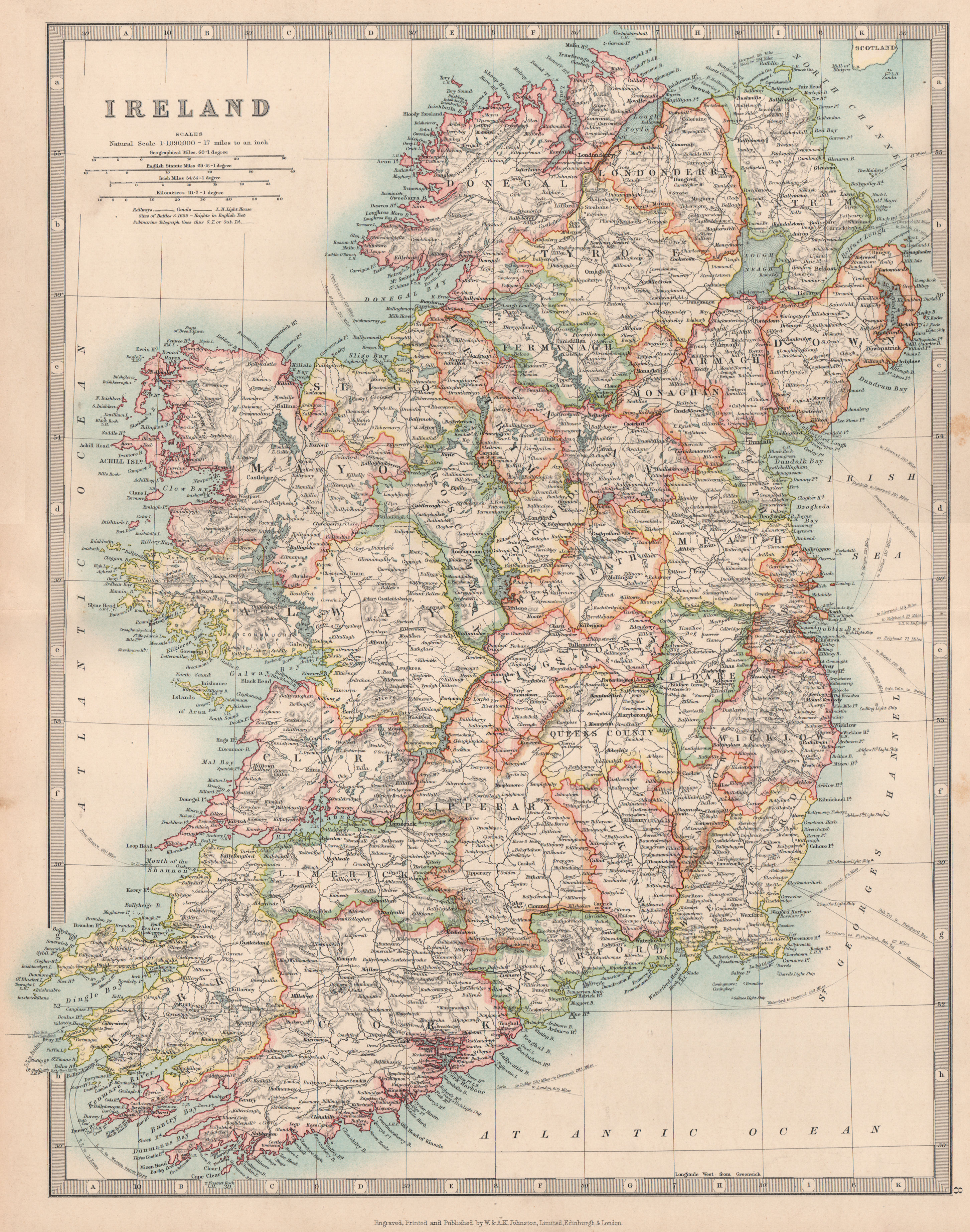 Associate Product IRELAND showing battlefields and dates. JOHNSTON 1912 old antique map chart