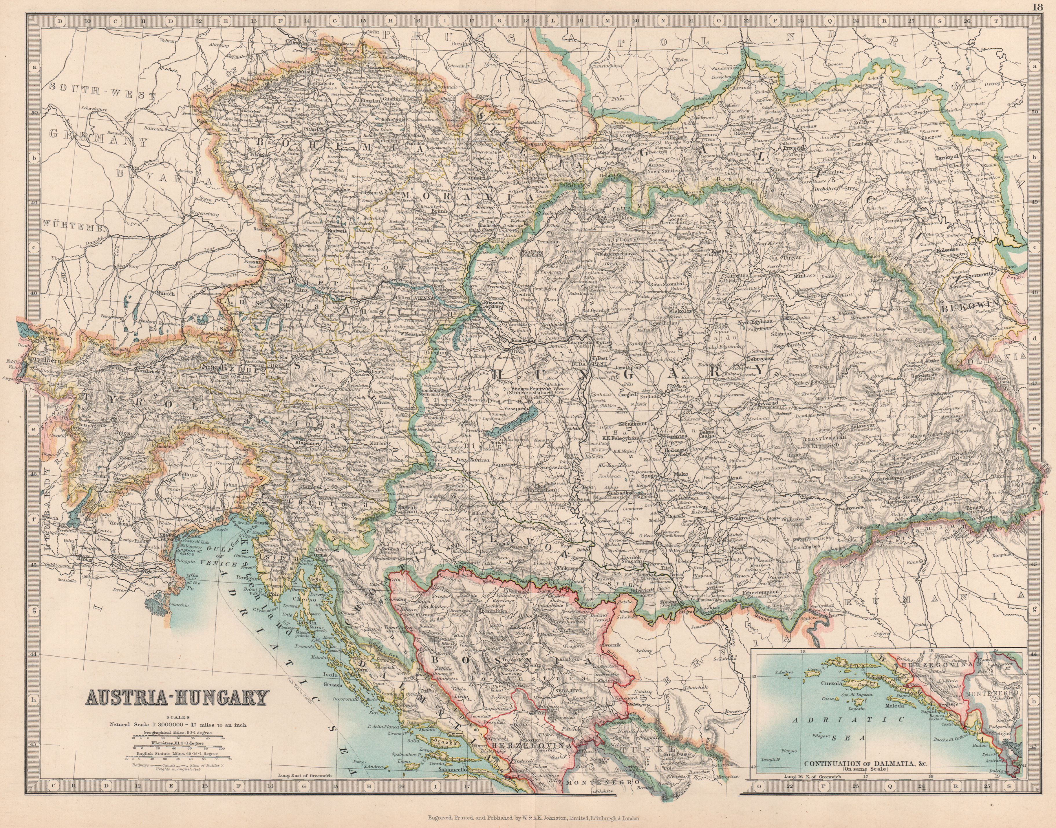 AUSTRIA-HUNGARY. Dalmatian coast. Bosnia. Railways. JOHNSTON 1912 old map