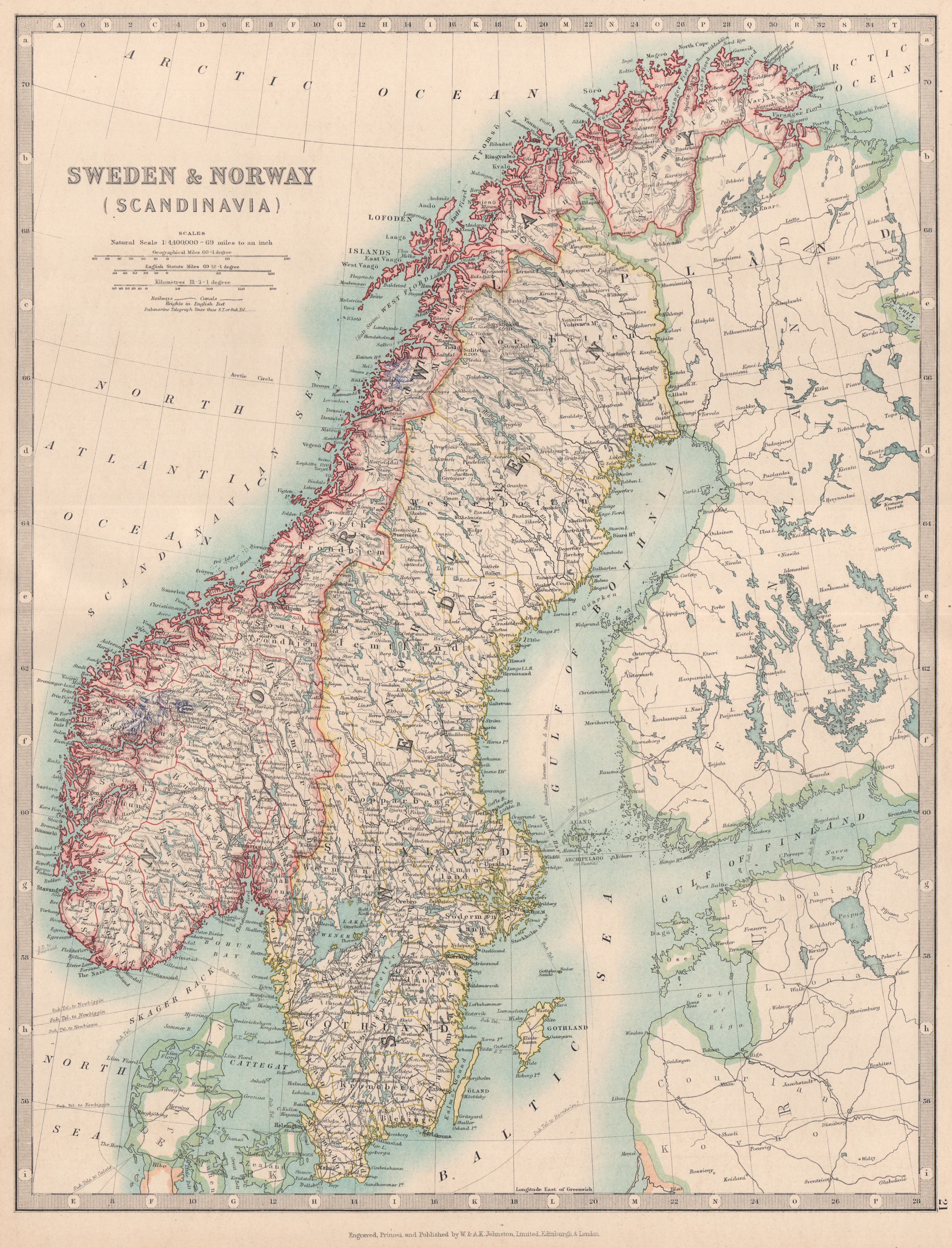 Associate Product SCANDINAVIA. Sweden & Norway. Shows glaciers. JOHNSTON 1912 old antique map