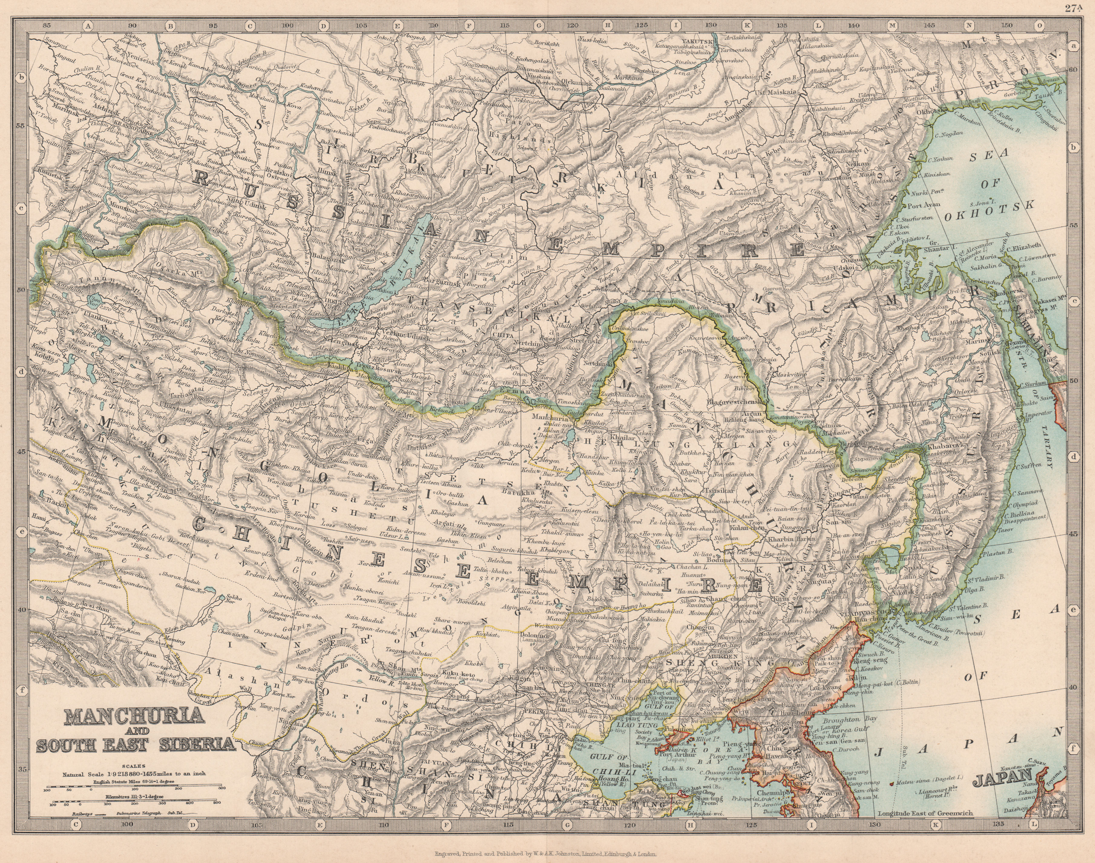 Associate Product MANCHURIA & SOUTH EAST SIBERIA Mongolia China Russia East Asia JOHNSTON 1912 map