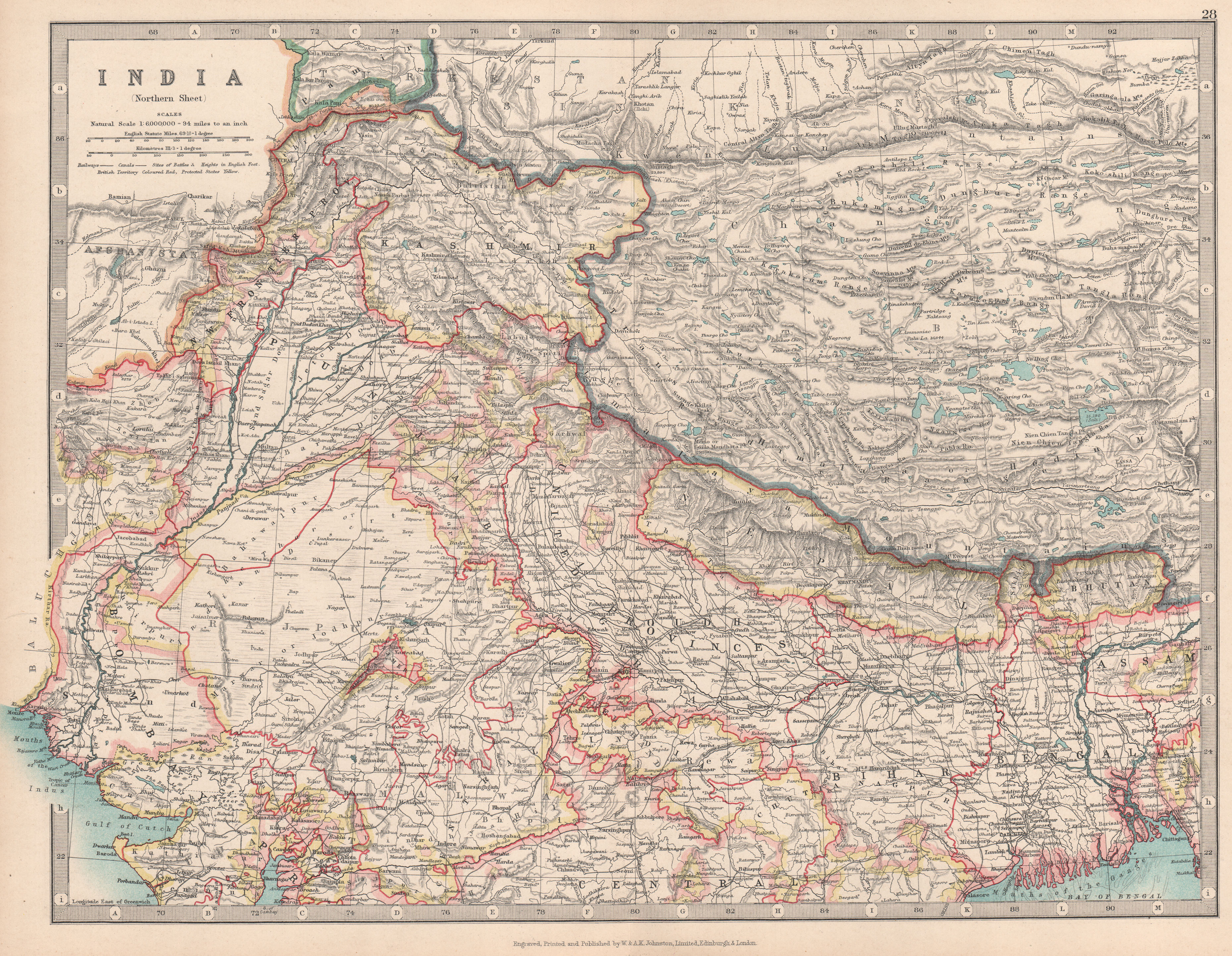 Associate Product NORTH BRITISH INDIA showing battlefields & dates. Nepal Tibet. JOHNSTON 1912 map