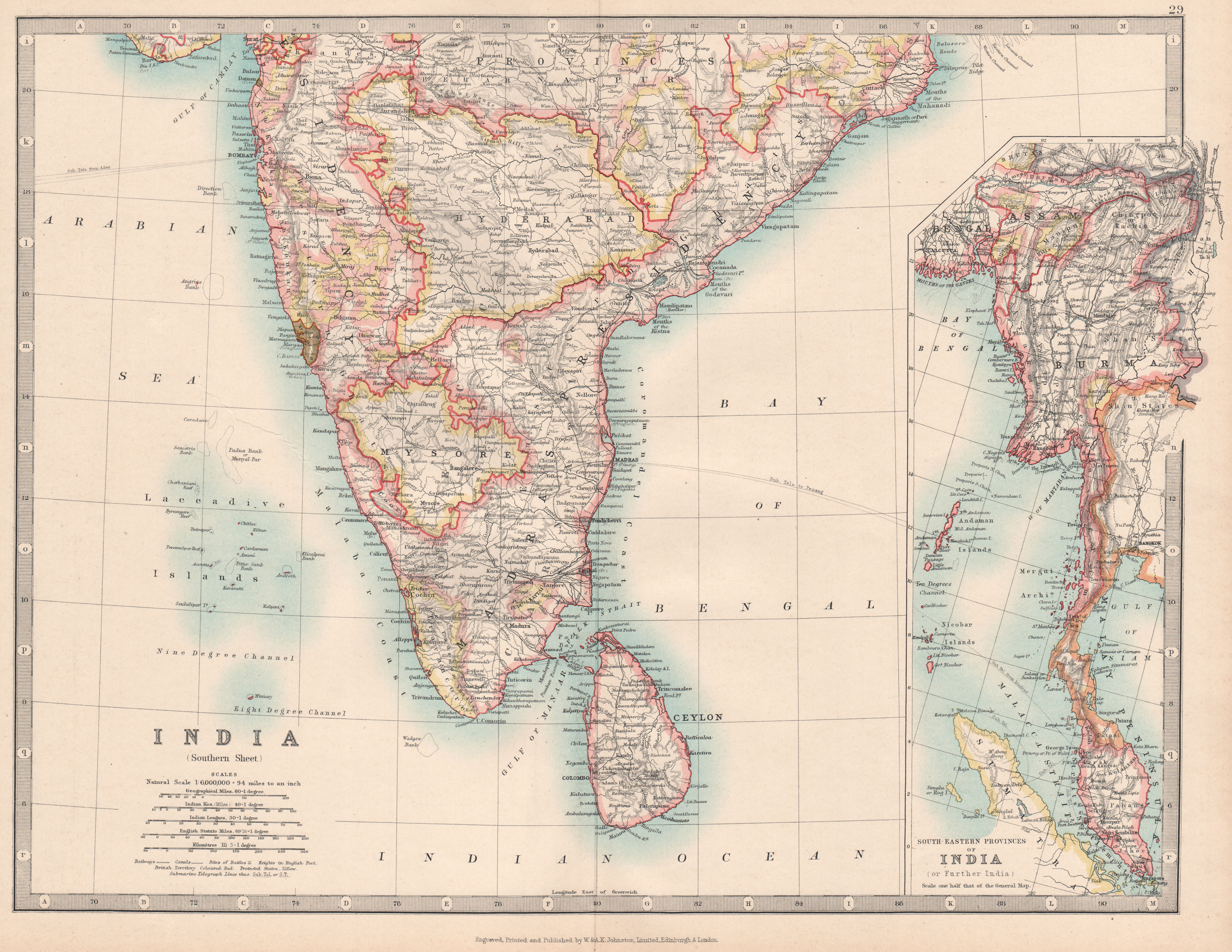 SOUTH BRITISH INDIA & BURMA with battlefields & dates. Ceylon. JOHNSTON 1912 map