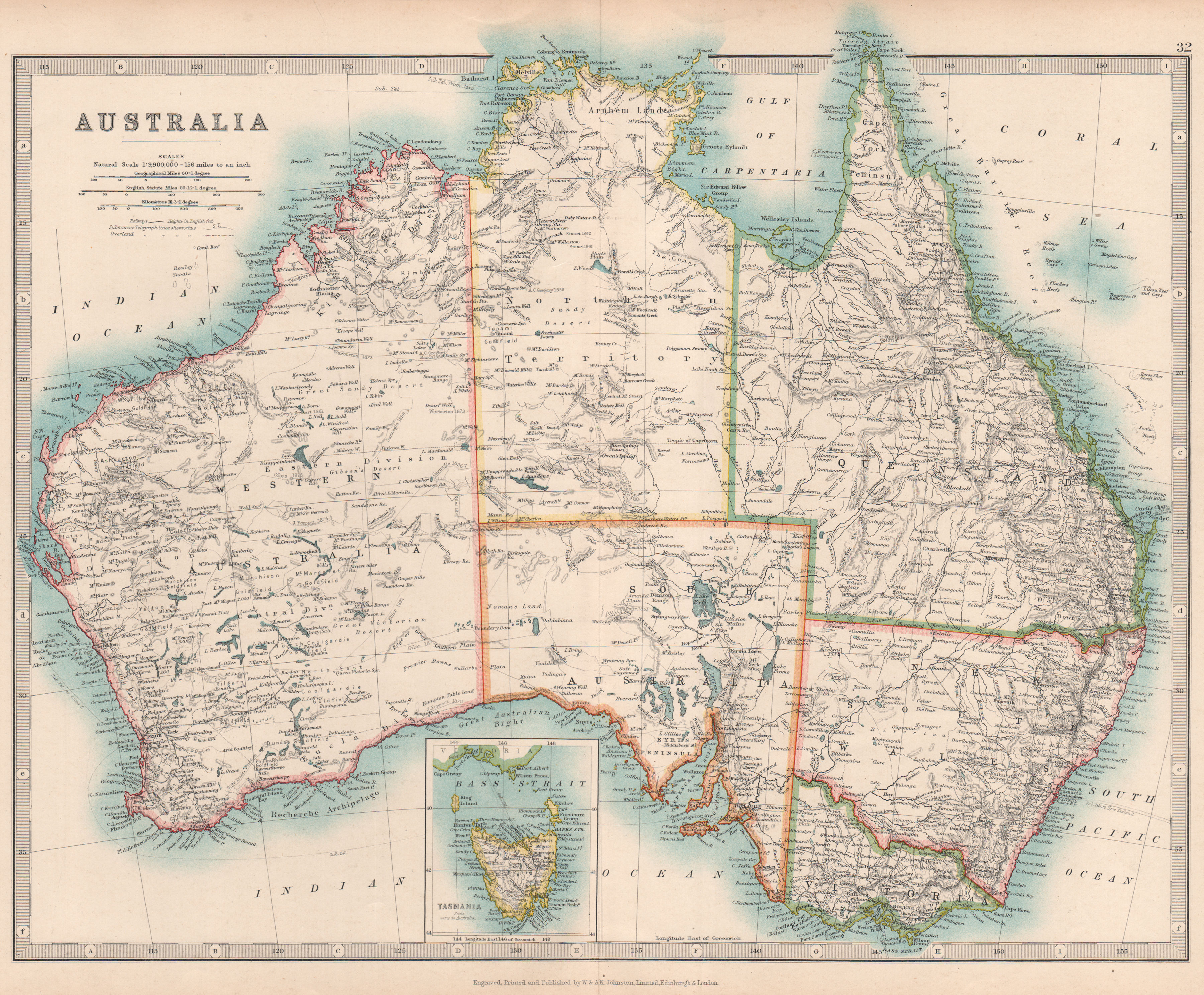 AUSTRALIA showing explorers' routes & goldfields. JOHNSTON 1912 map