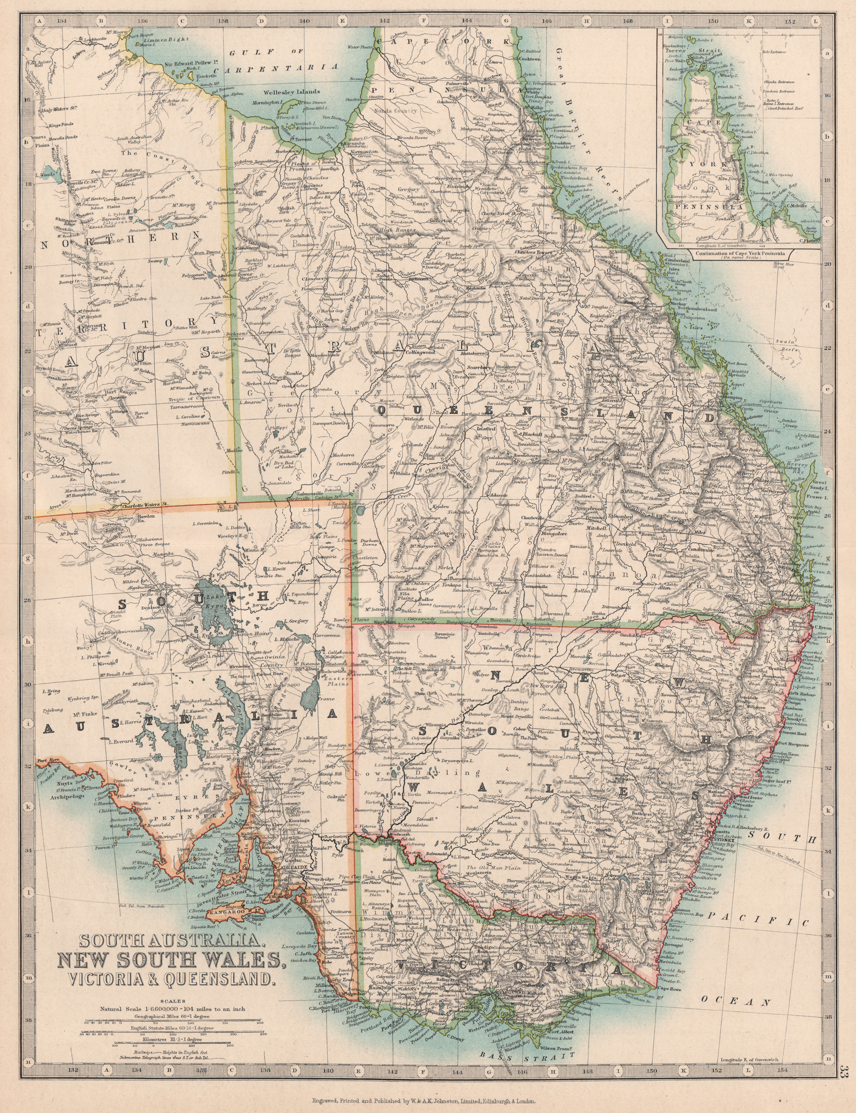 EASTERN AUSTRALIA. Queensland, New South Wales & Victoria. JOHNSTON 1912 map