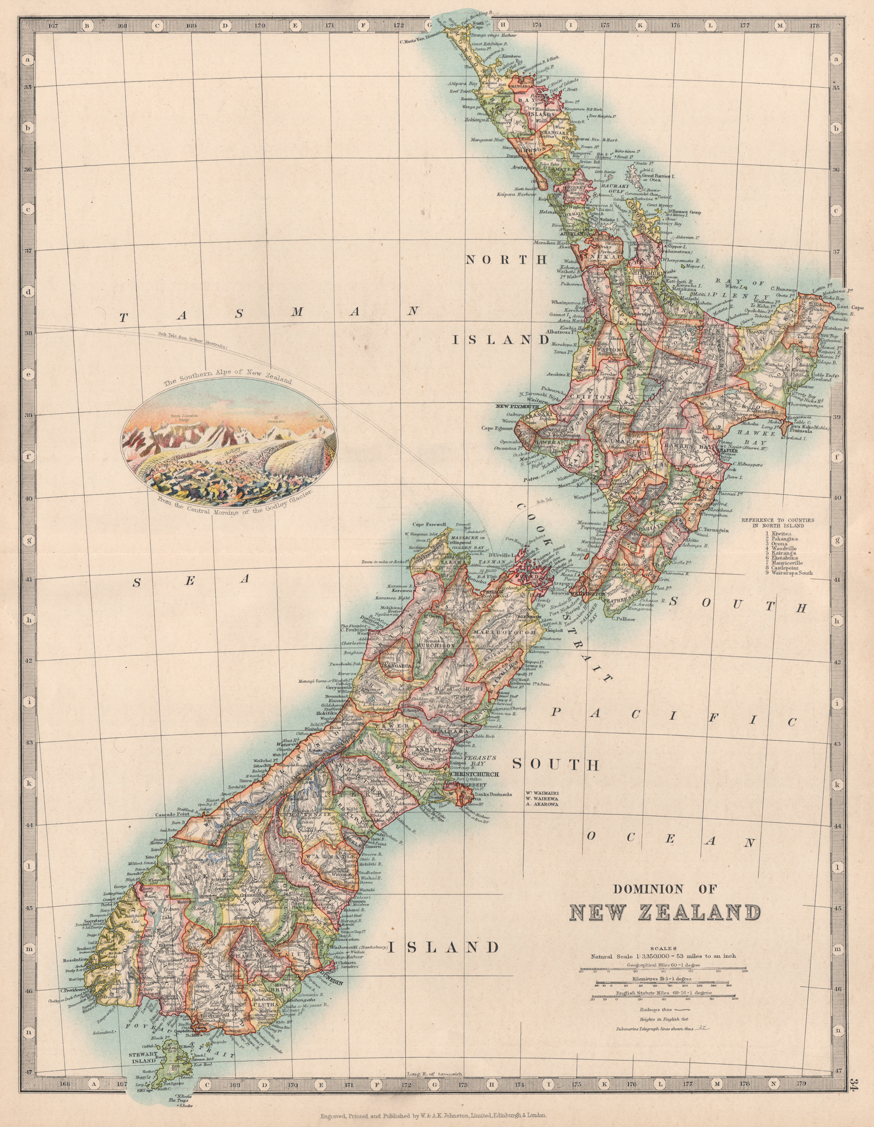 Associate Product DOMINION OF NEW ZEALAND in counties. Godley Glacier vignette. JOHNSTON 1912 map