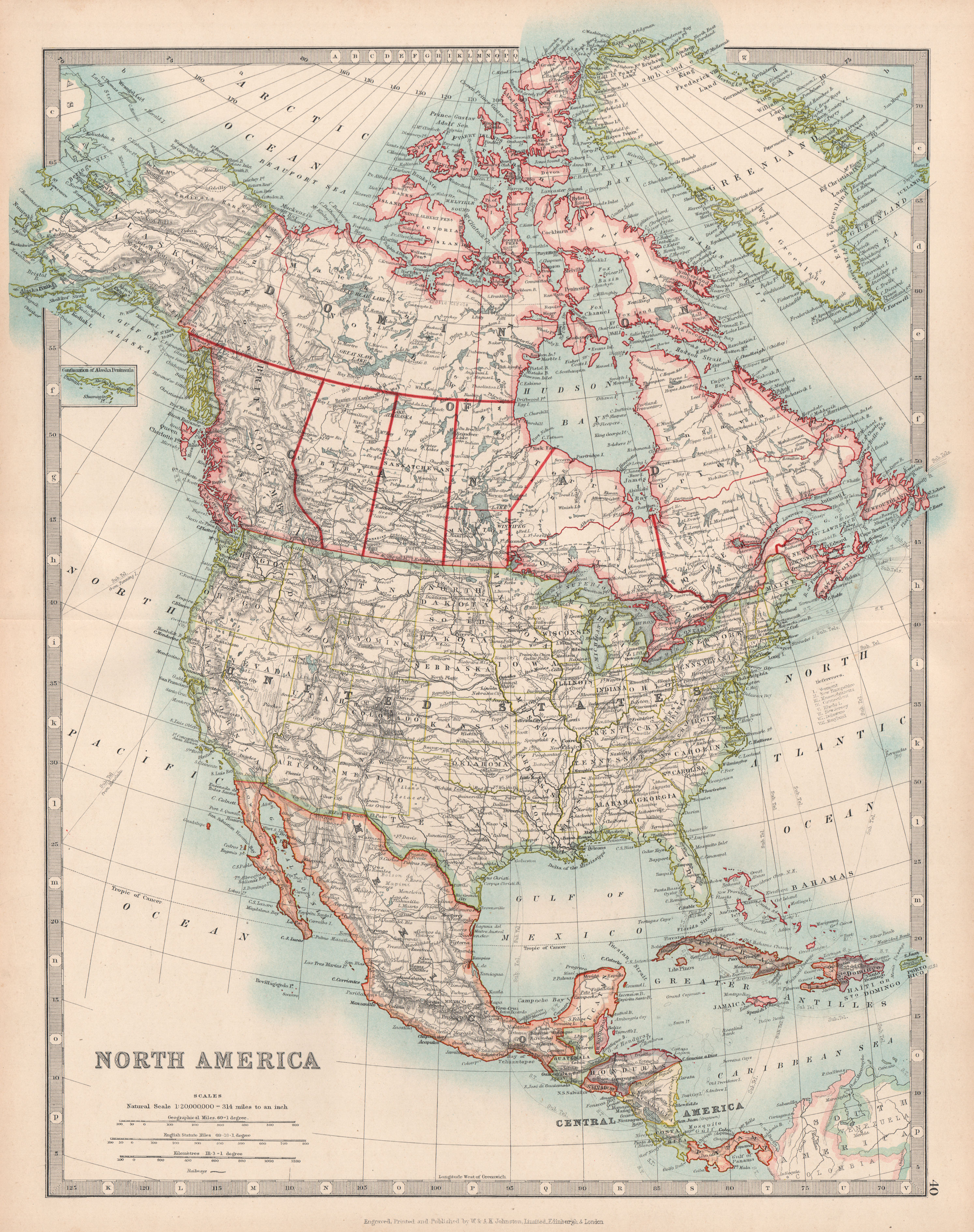 Associate Product NORTH AMERICA. United States Canada Mexico. Railways. JOHNSTON 1912 old map