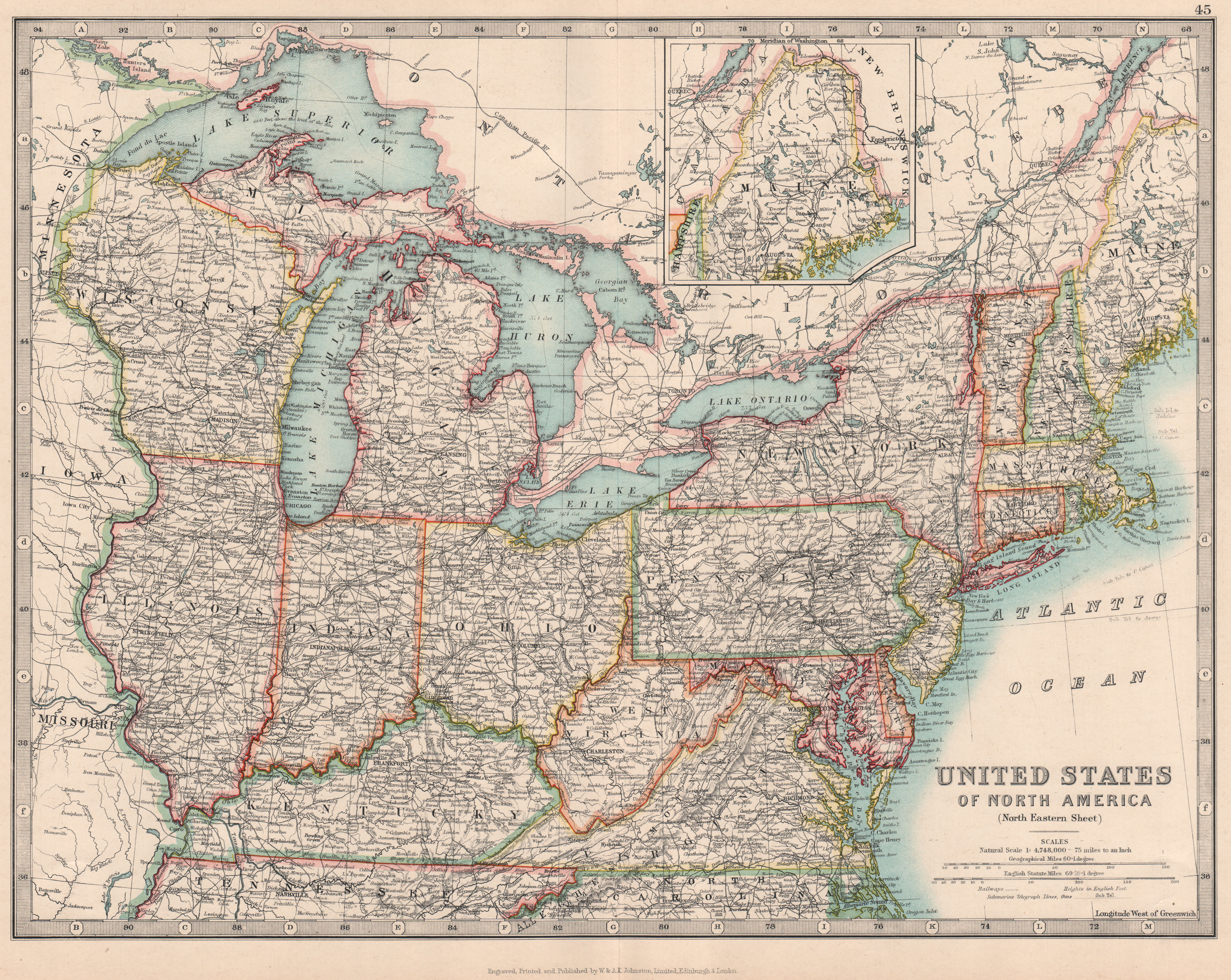 NORTH EASTERN UNITED STATES. Great Lakes. MidWest. USA. JOHNSTON 1912 old map