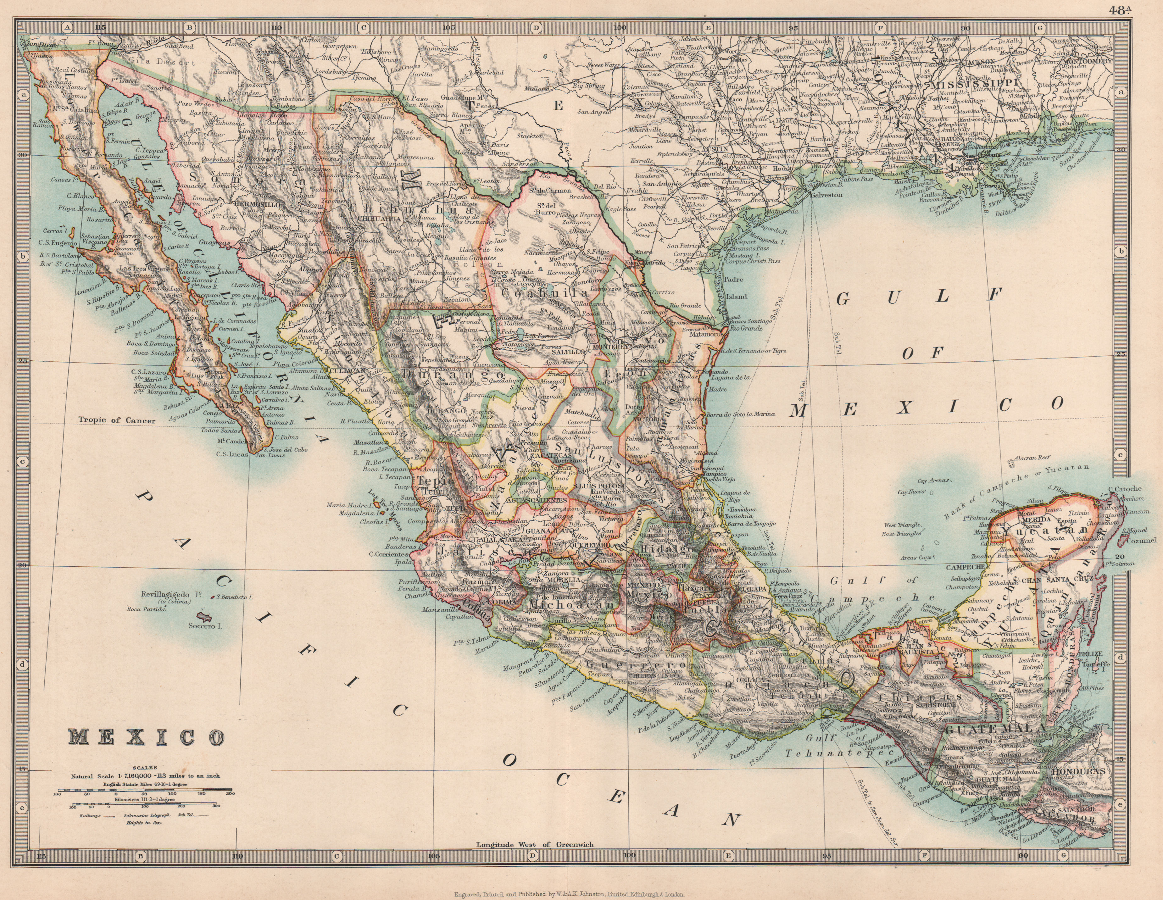 Associate Product MEXICO showing states. Guatemala & British Honduras. JOHNSTON 1912 old map