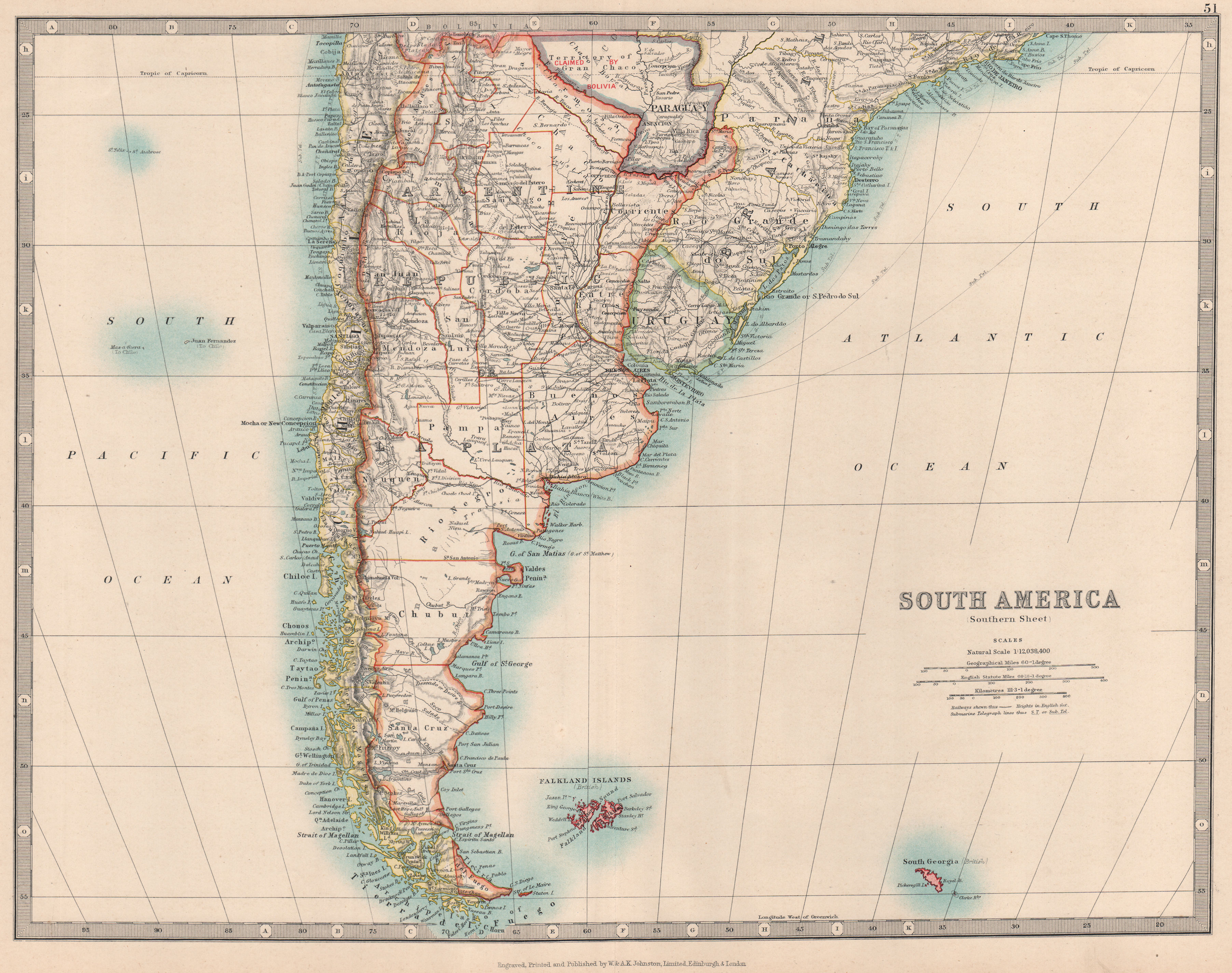 Associate Product SOUTH AMERICA SOUTH SHEET. Shows Bolivia claim on Gran Chaco. JOHNSTON 1912 map