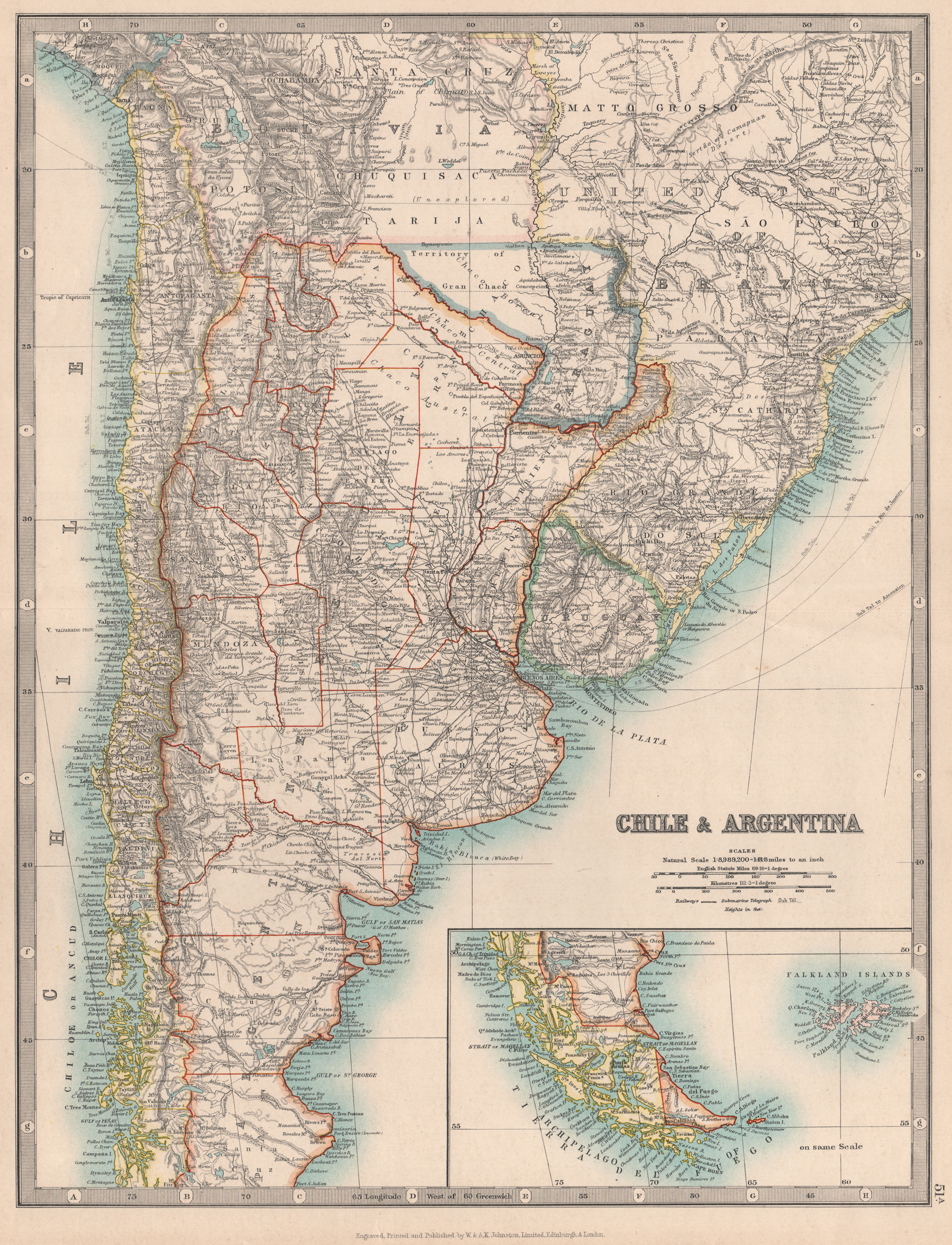 Associate Product CHILE & ARGENTINA. Paraguay including Gran Chaco. Uruguay. JOHNSTON 1912 map
