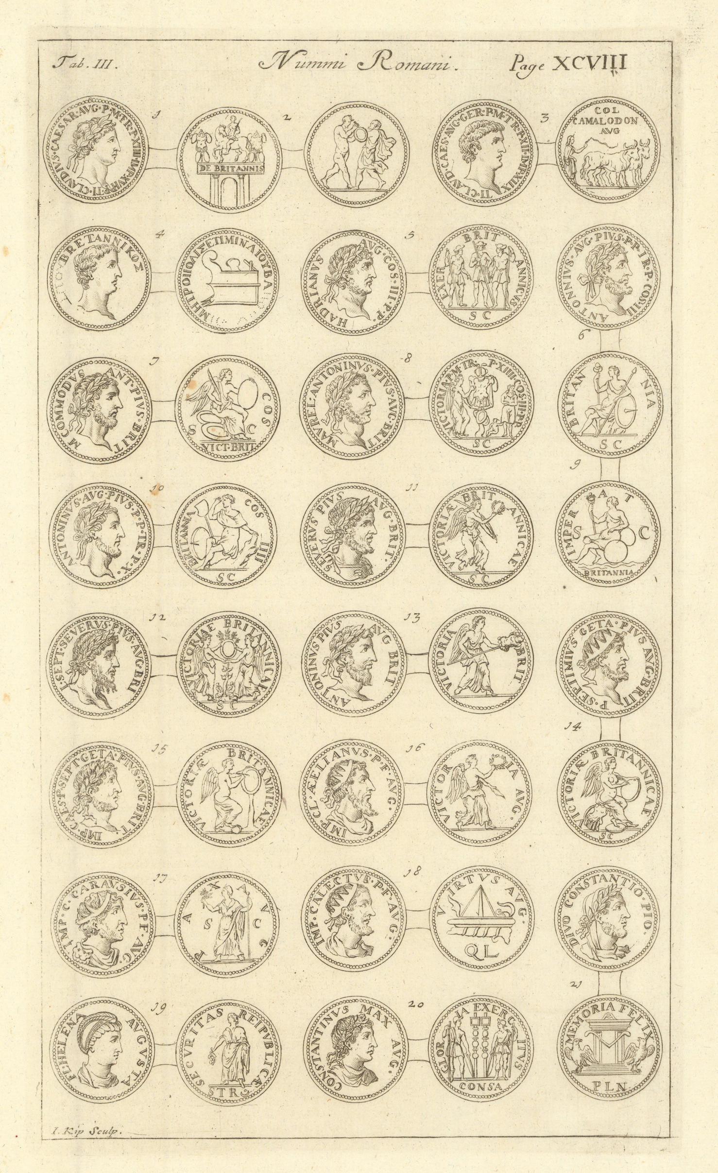 Associate Product Roman British Coins. 'NUMMI ROMANI' (I)  from Camden's Britannia 1695 print