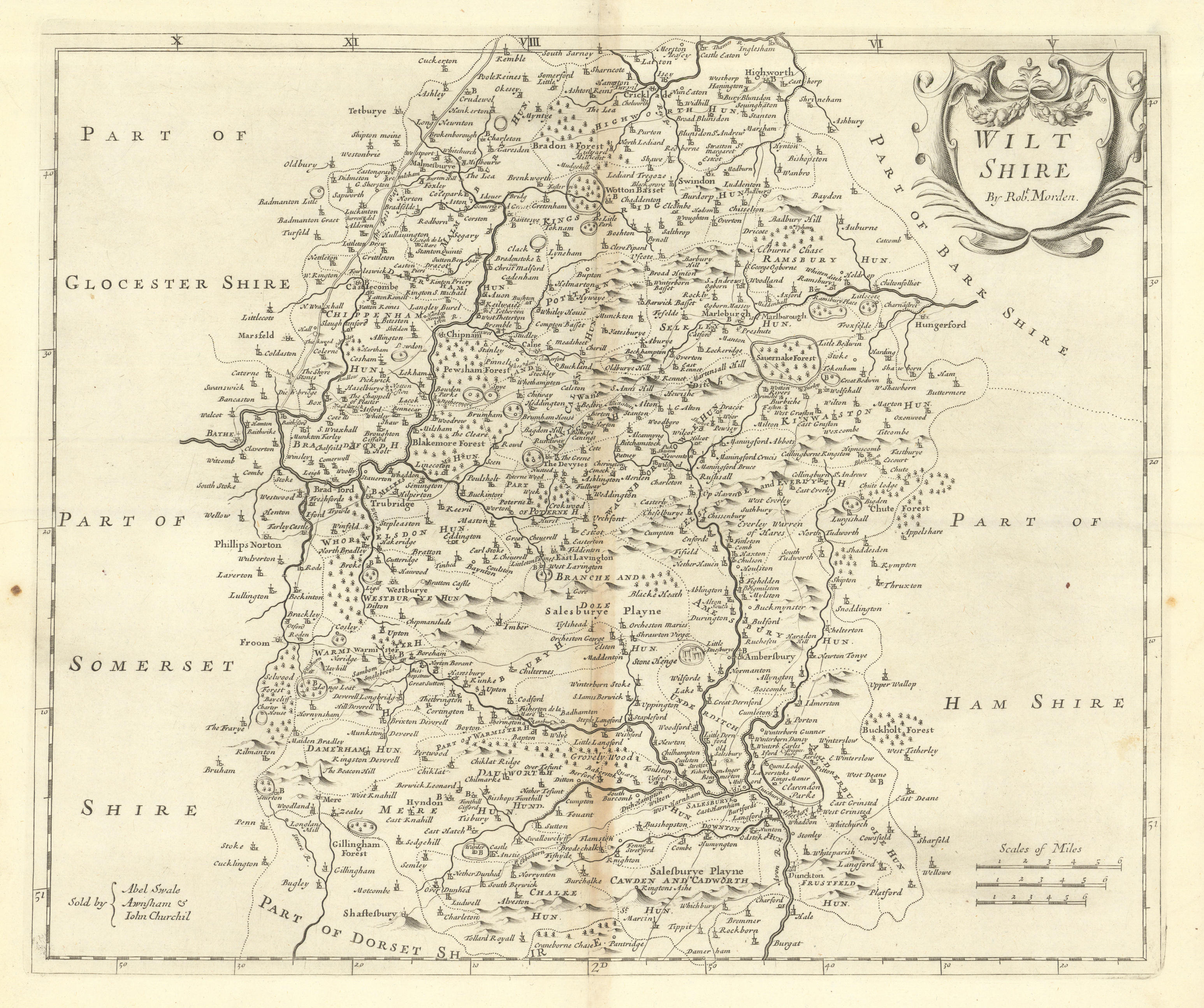 Associate Product Wiltshire. 'WILT SHIRE' by ROBERT MORDEN from Camden's Britannia 1695 old map