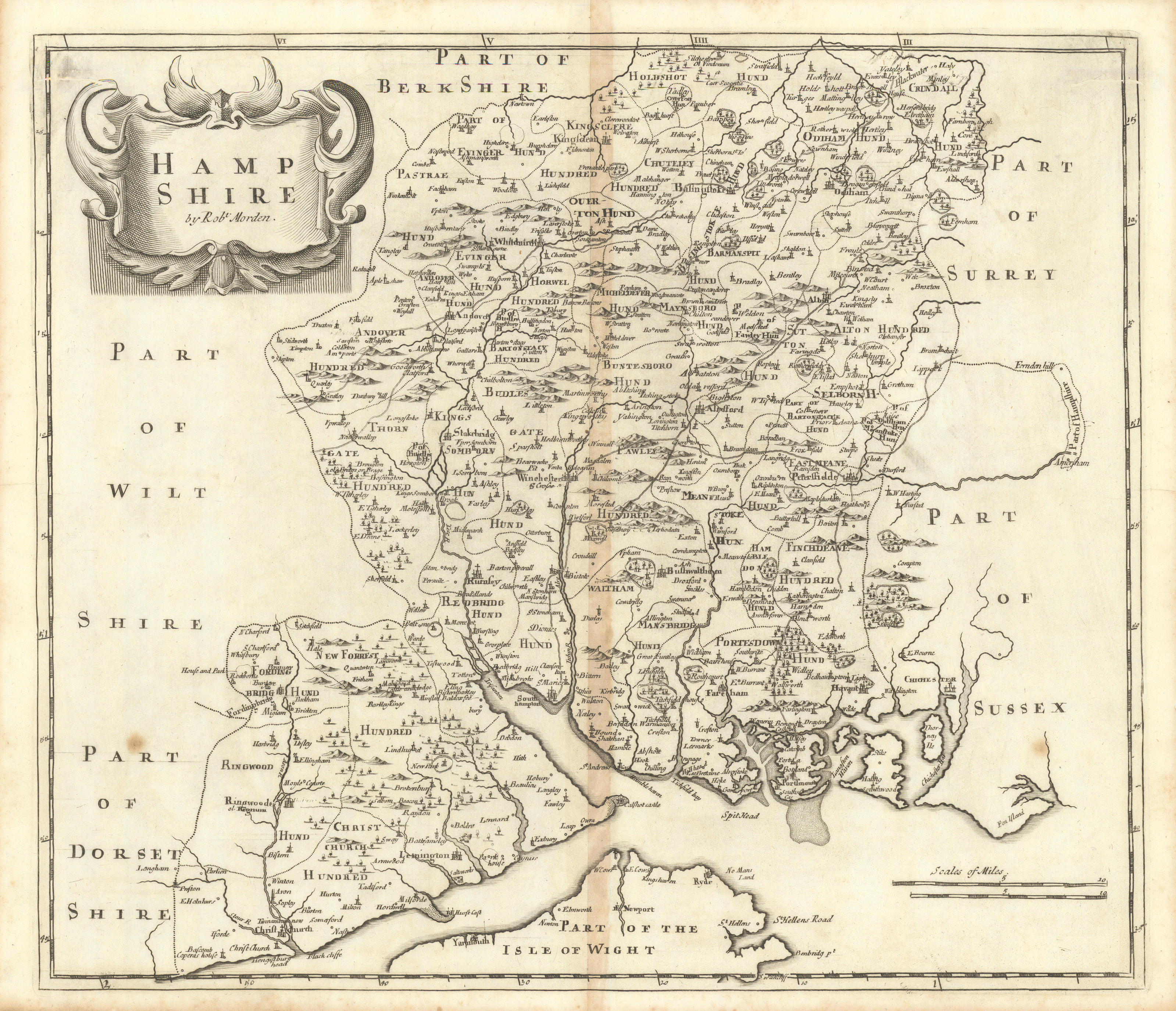 Associate Product Hampshire. 'HAMP SHIRE' by ROBERT MORDEN from Camden's Britannia 1695 old map