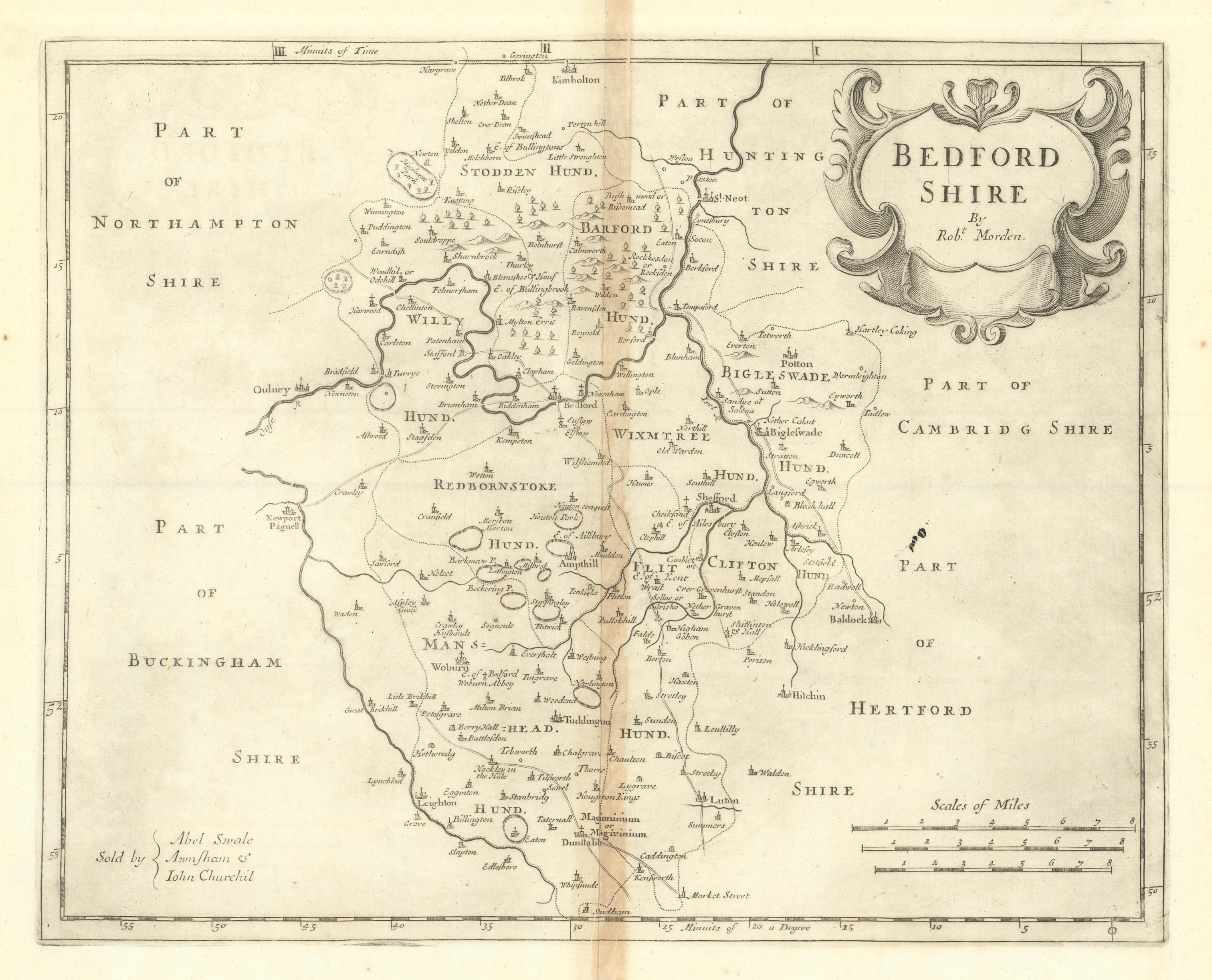 Associate Product Bedfordshire. 'BEDFORD SHIRE' by ROBERT MORDEN from Camden's Britannia 1695 map