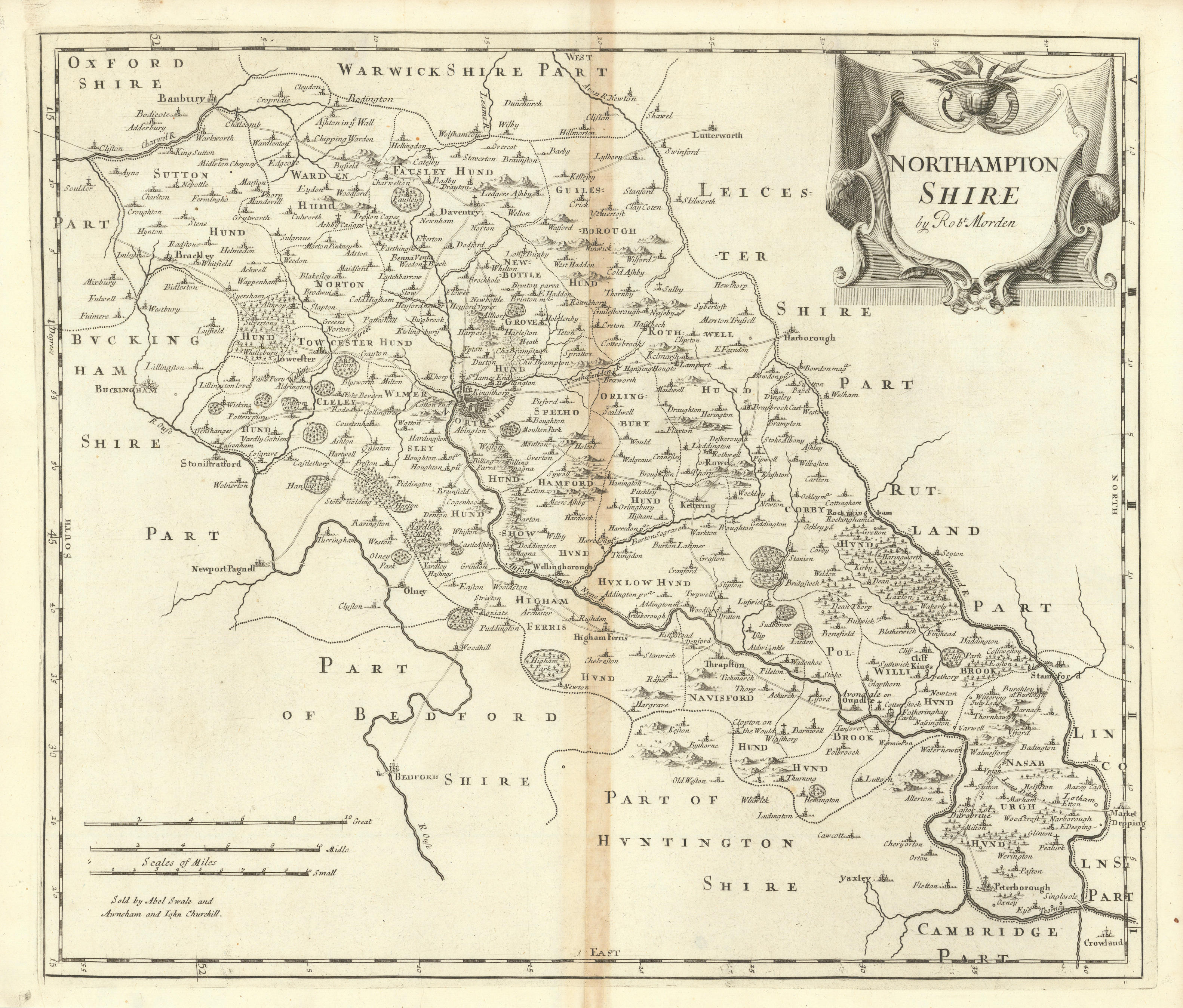 Associate Product NORTHAMPTONSHIRE by ROBERT MORDEN from Camden's Britannia 1695 old antique map