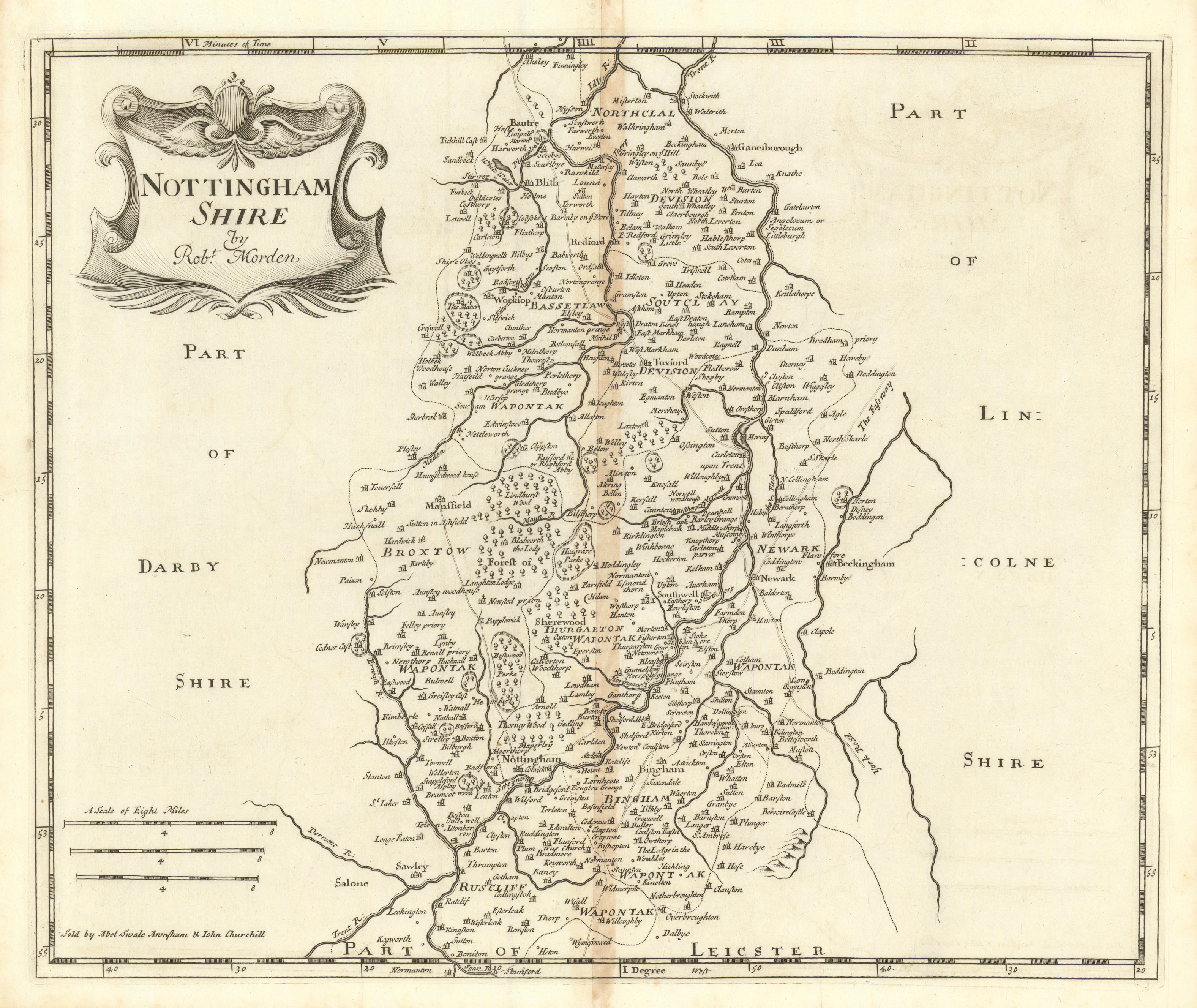 NOTTINGHAMSHIRE from Camden's Britannia by ROBERT MORDEN 1695 old antique map