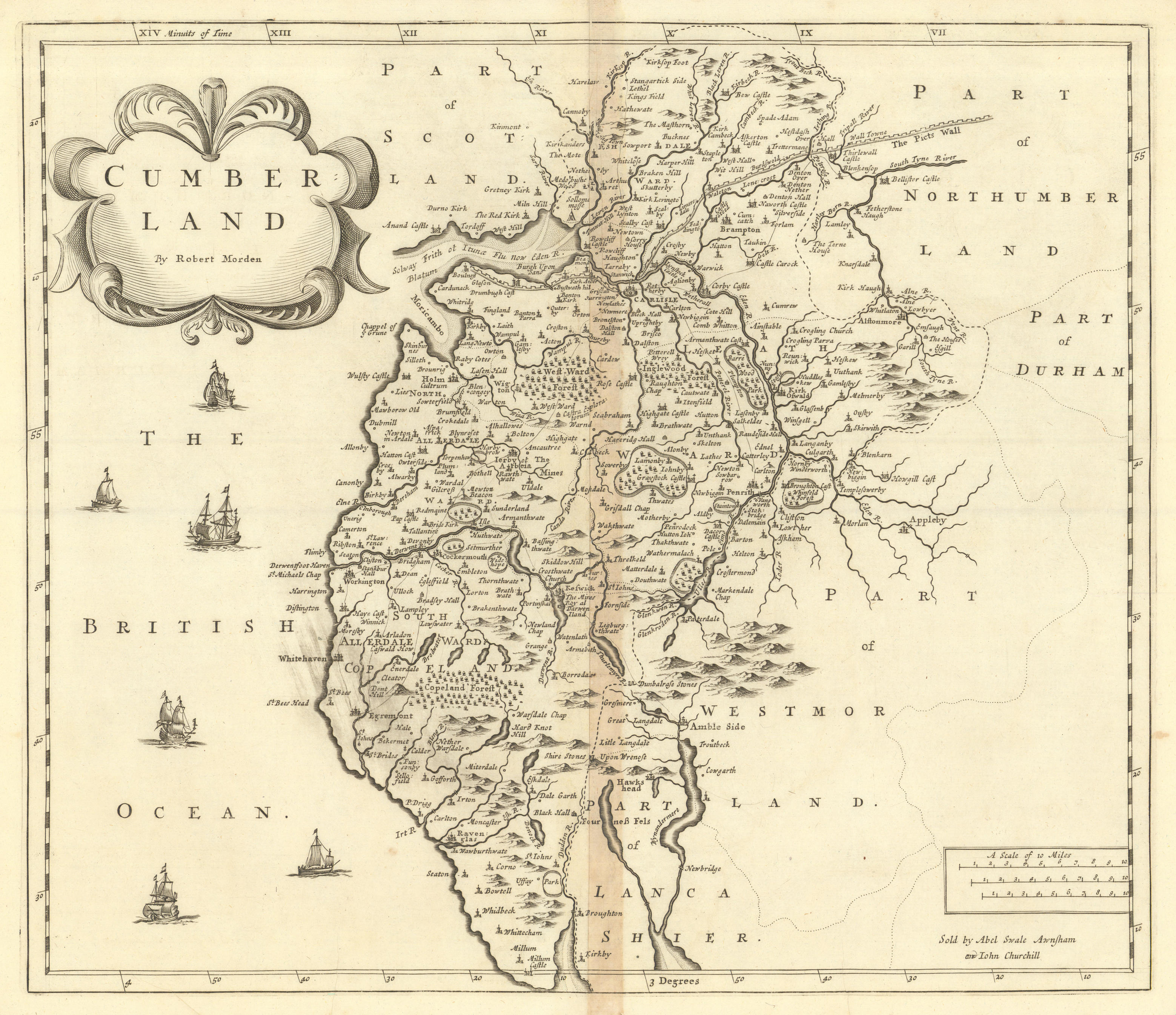 Cumbria. 'CUMBERLAND' by ROBERT MORDEN from Camden's Britannia 1695 old map