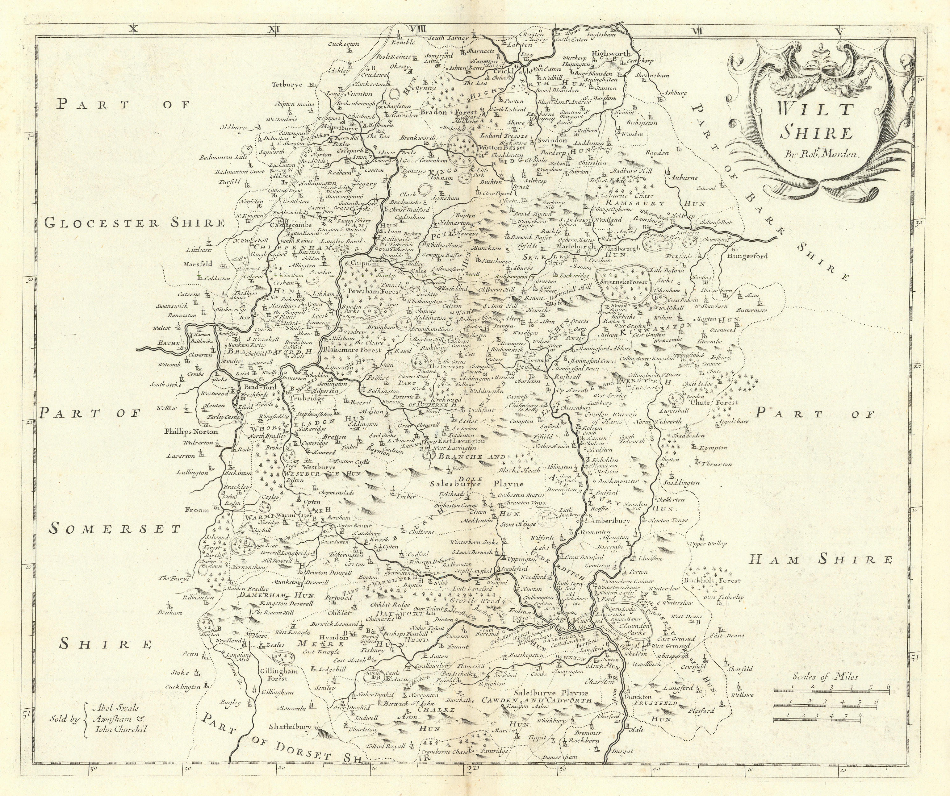 Associate Product Wiltshire. 'WILT SHIRE' by ROBERT MORDEN from Camden's Britannia 1722 old map