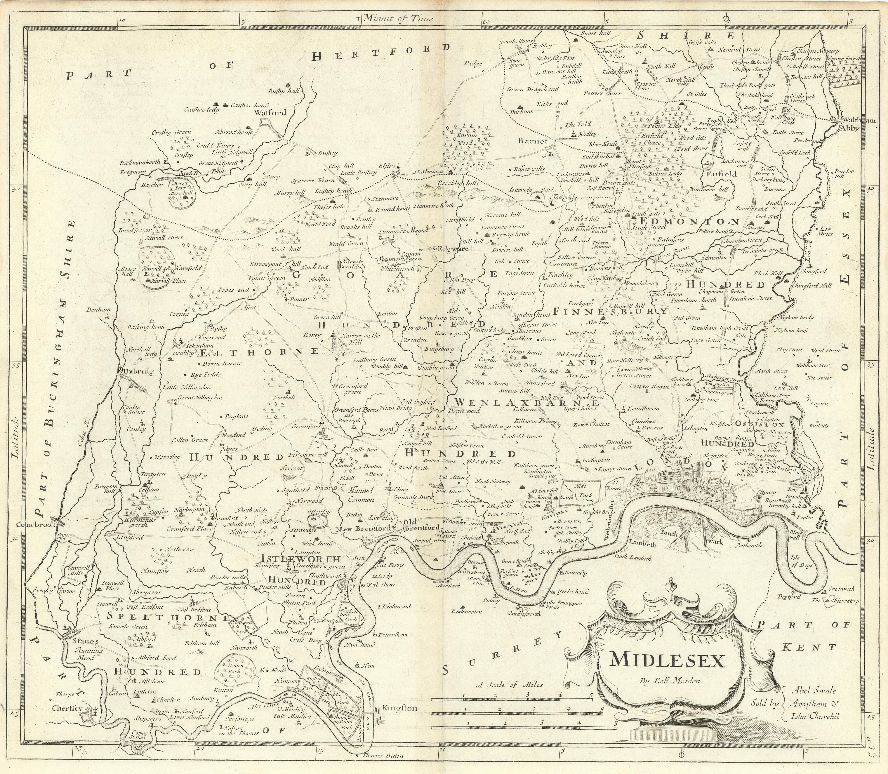 Associate Product Middlesex. 'MIDLESEX' by ROBERT MORDEN.Present-day North & West London 1722 map