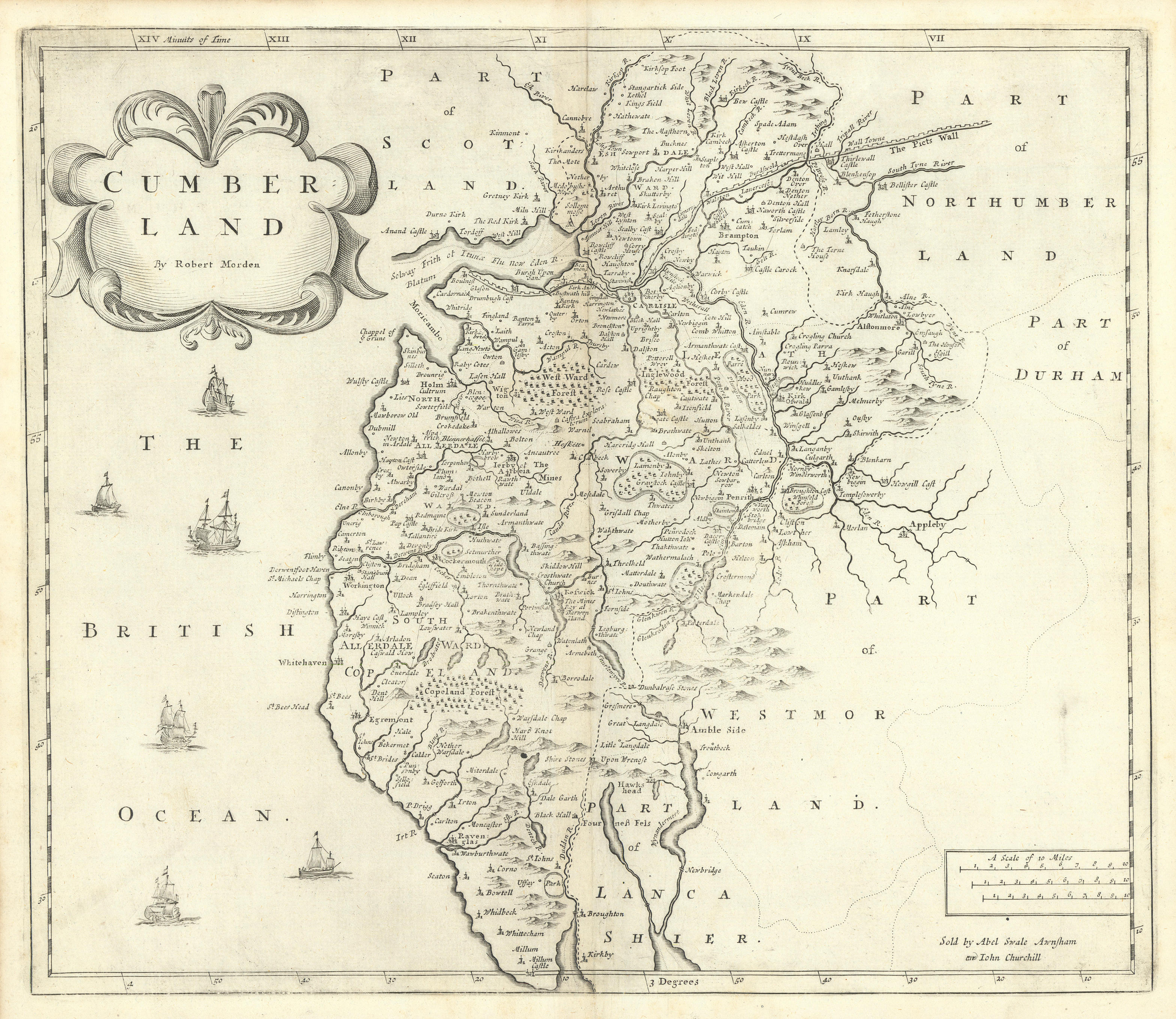 Cumbria. 'CUMBERLAND' by ROBERT MORDEN from Camden's Britannia 1722 old map