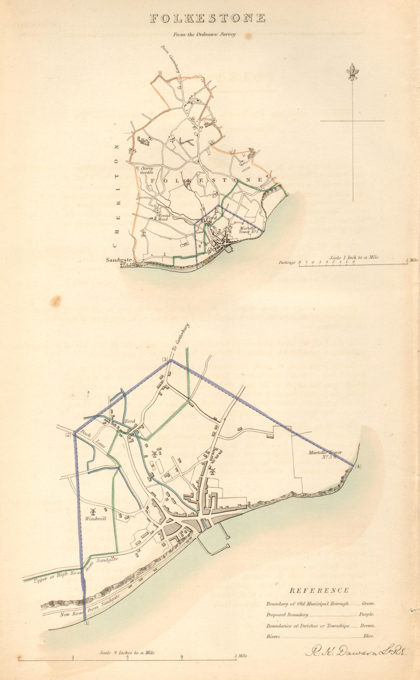 FOLKESTONE borough/town/city plan. BOUNDARY COMMISSION. Kent. DAWSON 1837 map