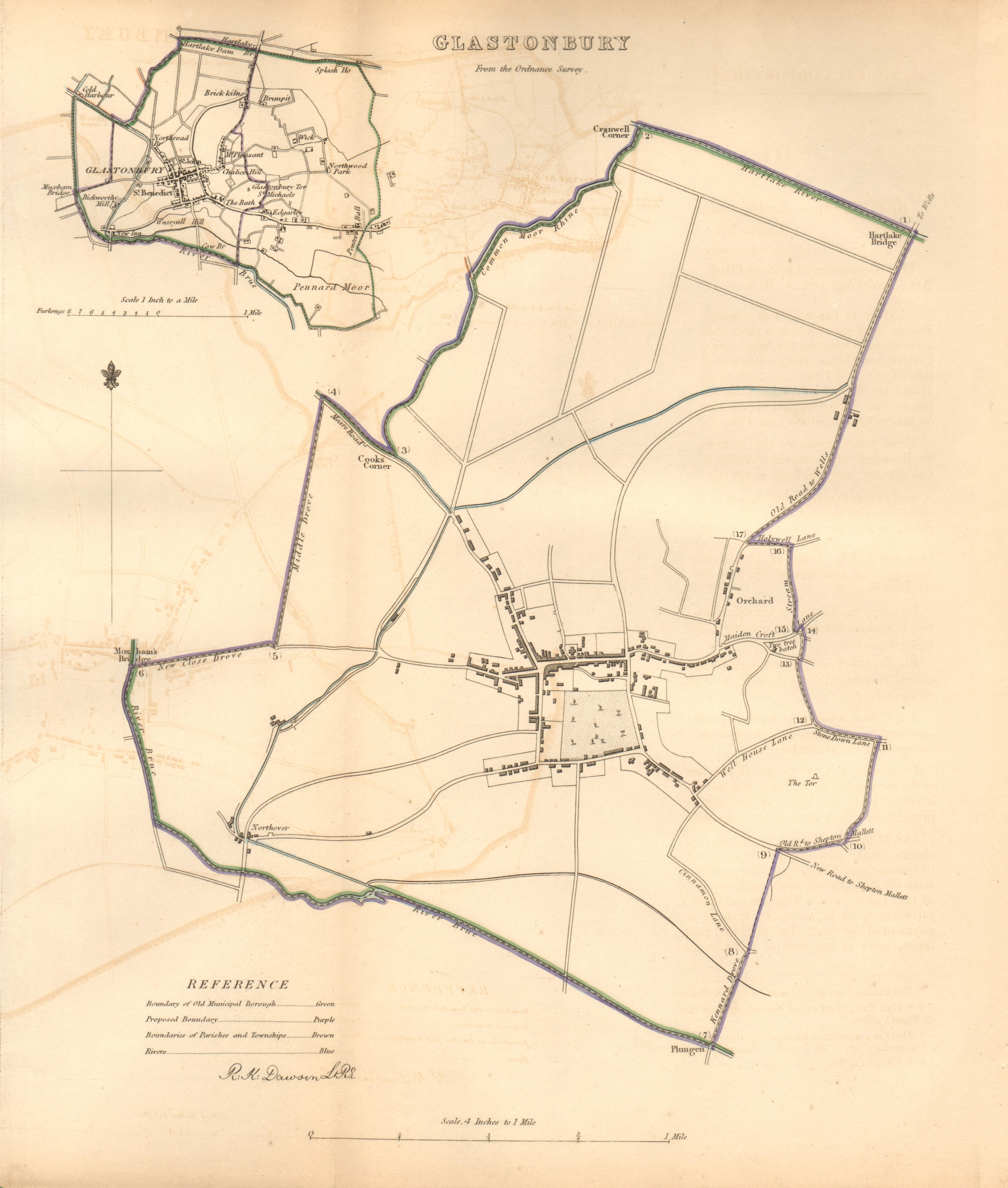 GLASTONBURY borough/town plan. BOUNDARY COMMISSION. Somerset. DAWSON 1837 map