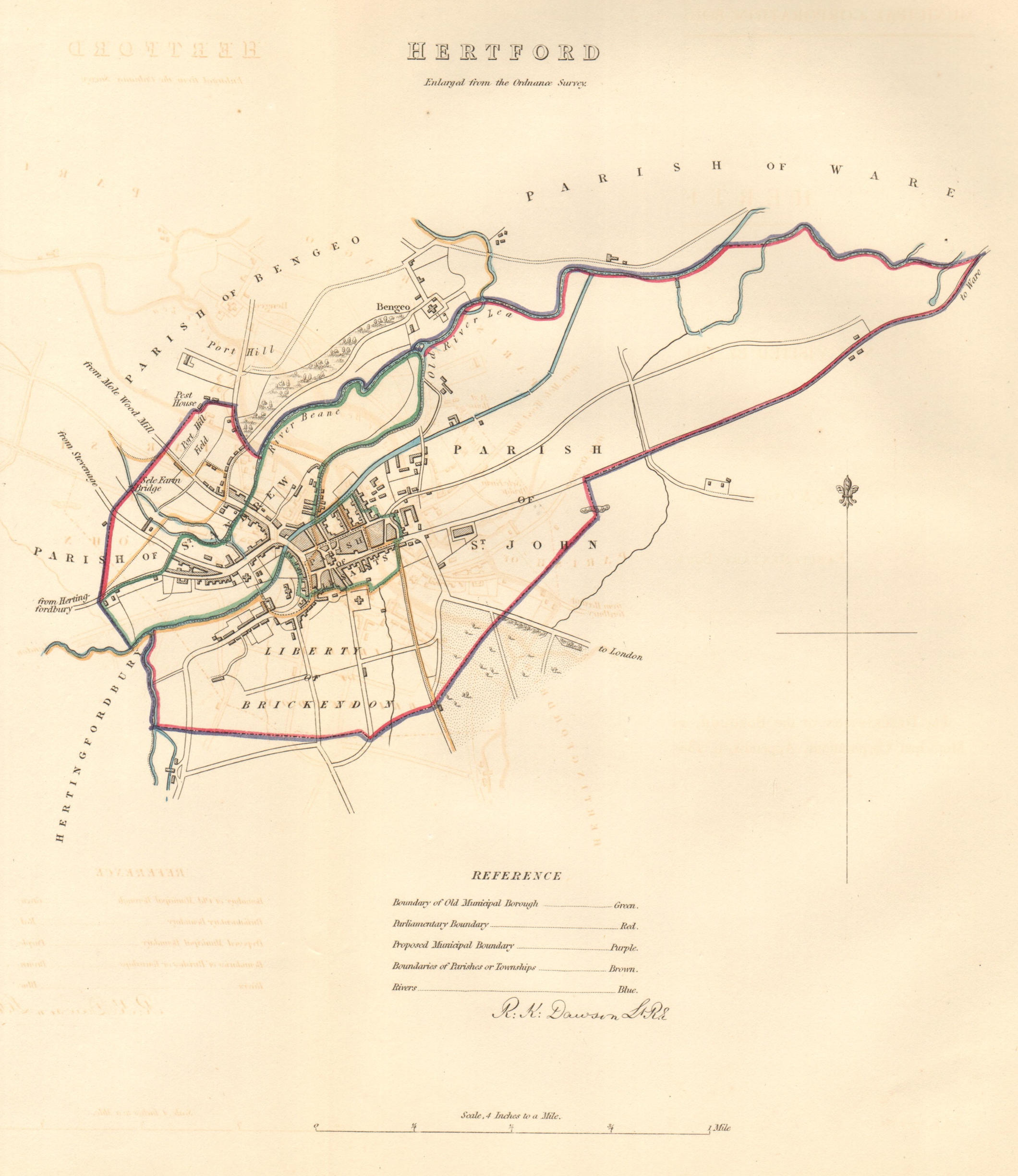 HERTFORD borough/town/city plan. BOUNDARY COMMISSION. DAWSON 1837 old map