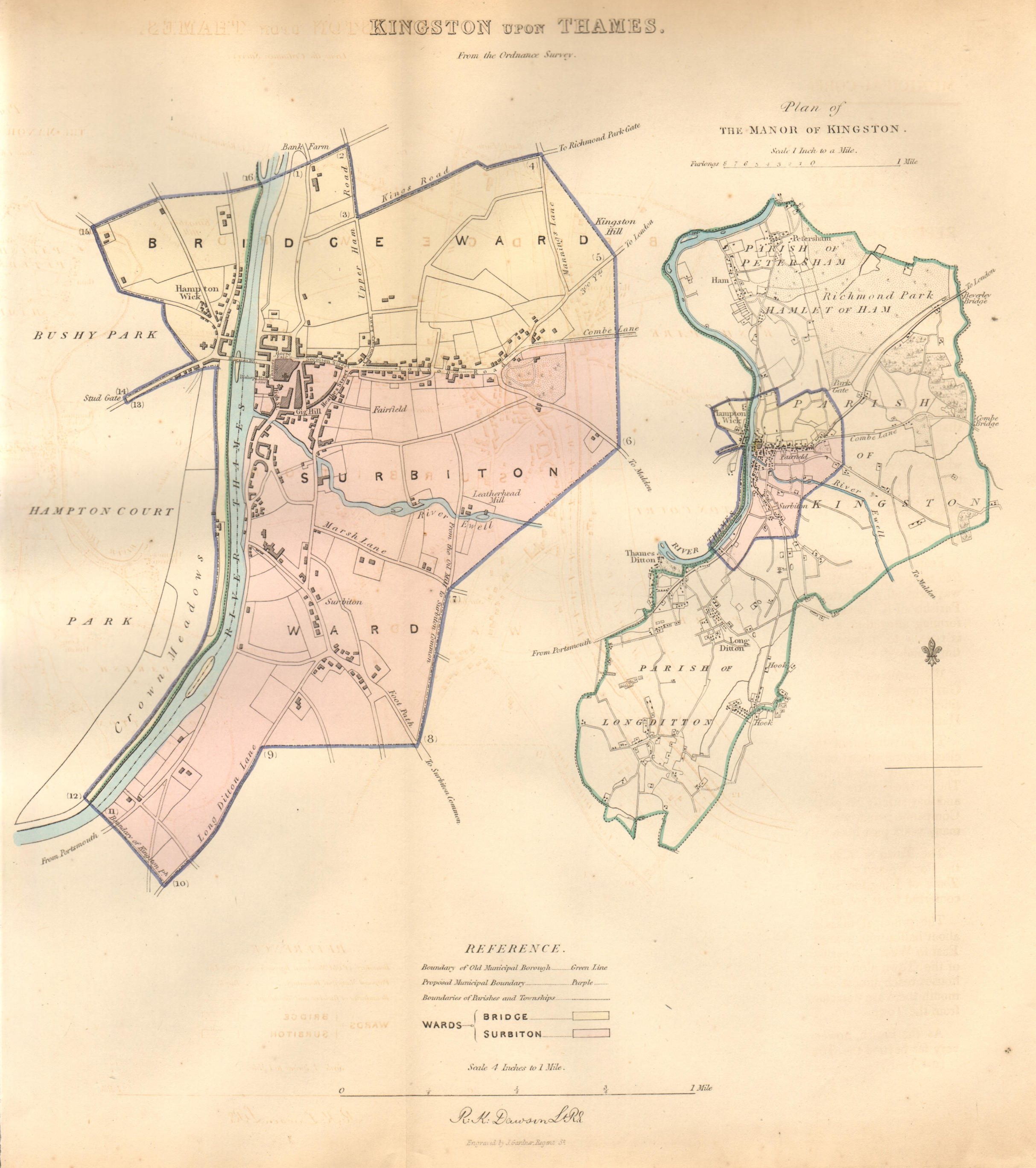 KINGSTON-UPON-THAMES borough/town/Manor plan BOUNDARY COMMISSION DAWSON 1837 map
