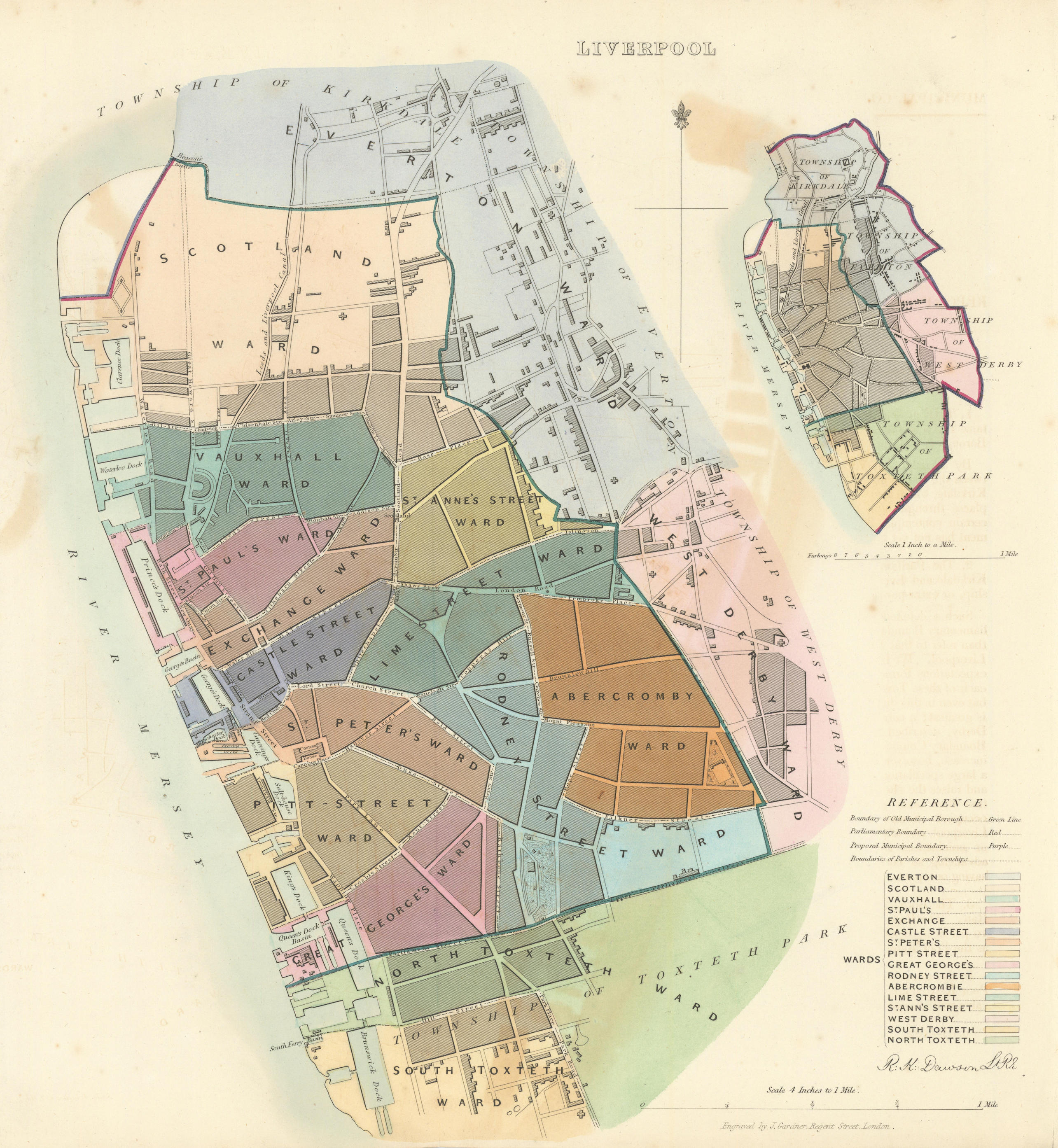 LIVERPOOL  borough/town/city plan. BOUNDARY COMMISSION Liverpool DAWSON 1837 map